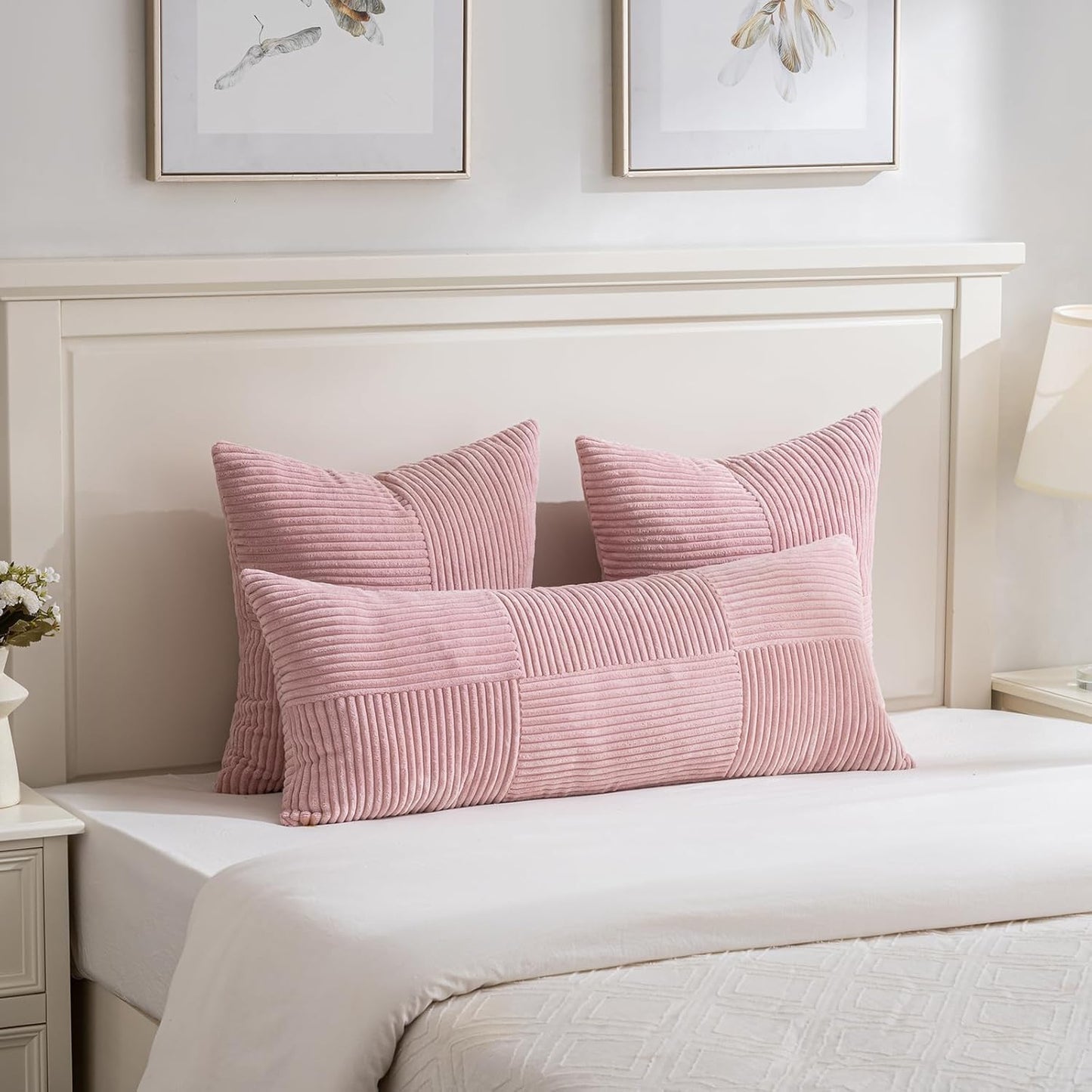 Fancy Homi 2 Packs Blush Pink Big Decorative Throw Pillow Covers 24x24 Inch for Living Room Couch Bed Sofa, Rustic Farmhouse Boho Home Decor, Soft Corss Corduroy Patchwork Accent Cushion Case 60x60 cm