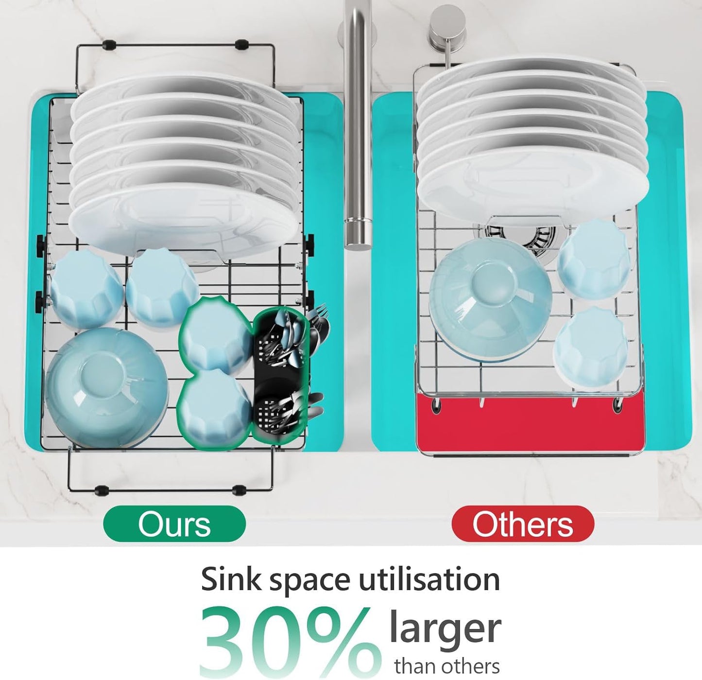 GSlife Expandable Dish Drying Rack - Stainless Steel Capacity Adjustable Over The Sink Rack (10.8''-17.9'') with Sink Mat, Dish Drainer for Kitchen Sink Counter with Utensil Holder, Silver