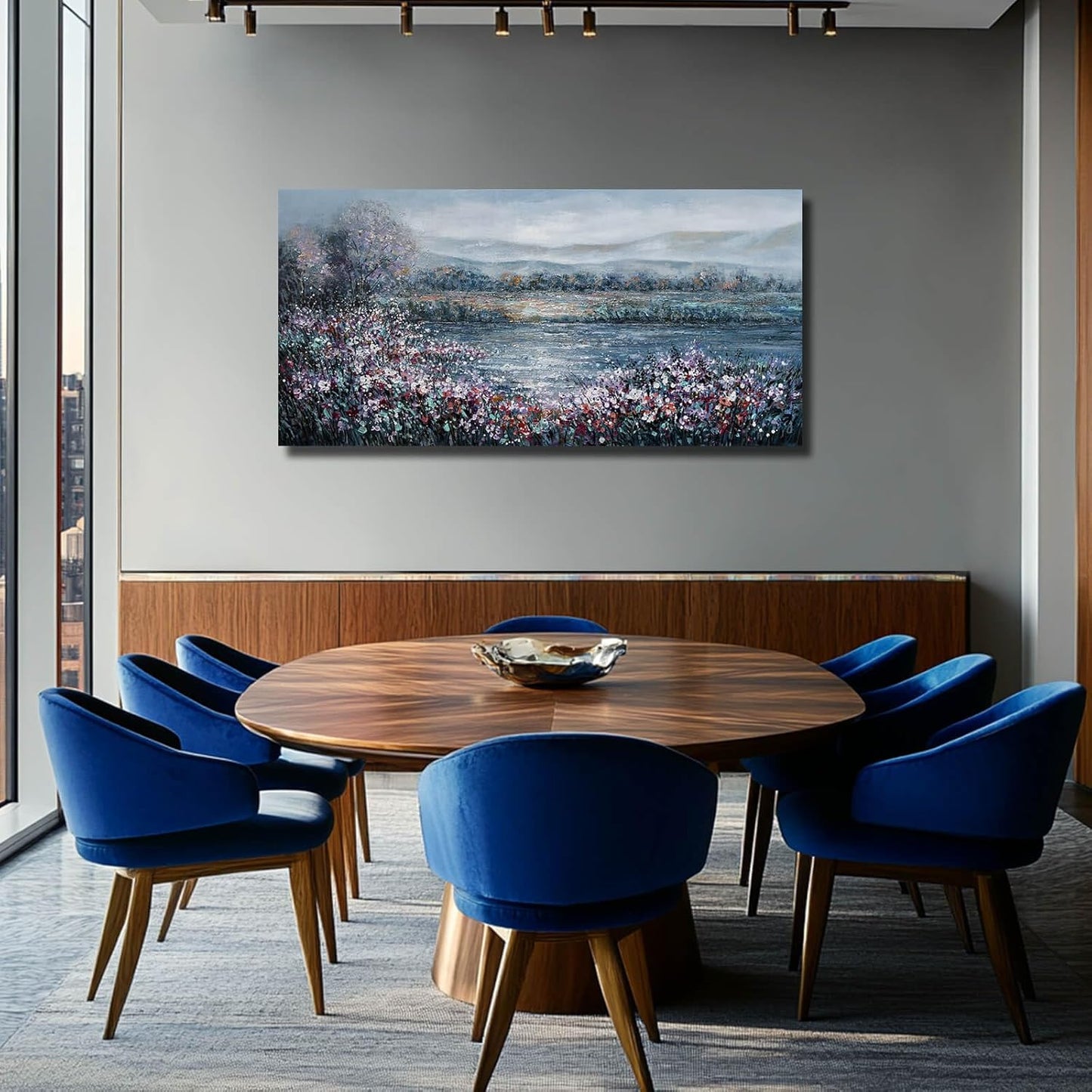 CHUDANHAO Abstract Wall Art for Bedroom White Wall Decor Purple Flower Artwork Landscape Wall Paintings 24"x48" Navy Blue Pictures for Walls