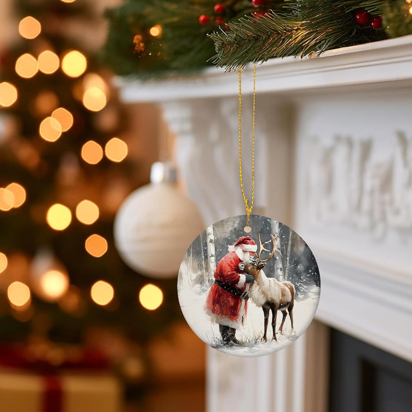 Christmas Santa Reindeer Ceramic Ornament Gifts, Rustic Winter Santa Claus Reindeer Decorative Hanging Ornaments for Xmas Tree Holiday Party Decoration, Winter Xmas Tree Decorations