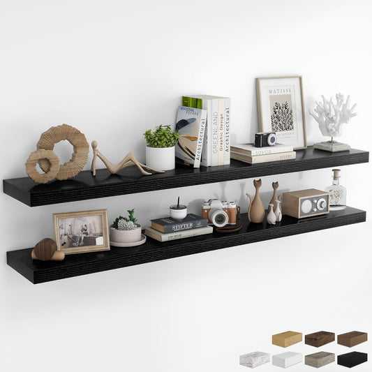 RICHFOCUS 72Inch Floating Shelves for Wall 2 Pack Shelves for Bedroom|Kitchen|Bathroom Wall Mounted Rustic Wood Floating Shelf with Invisible Brackets for Books|Storage|Decor, Black