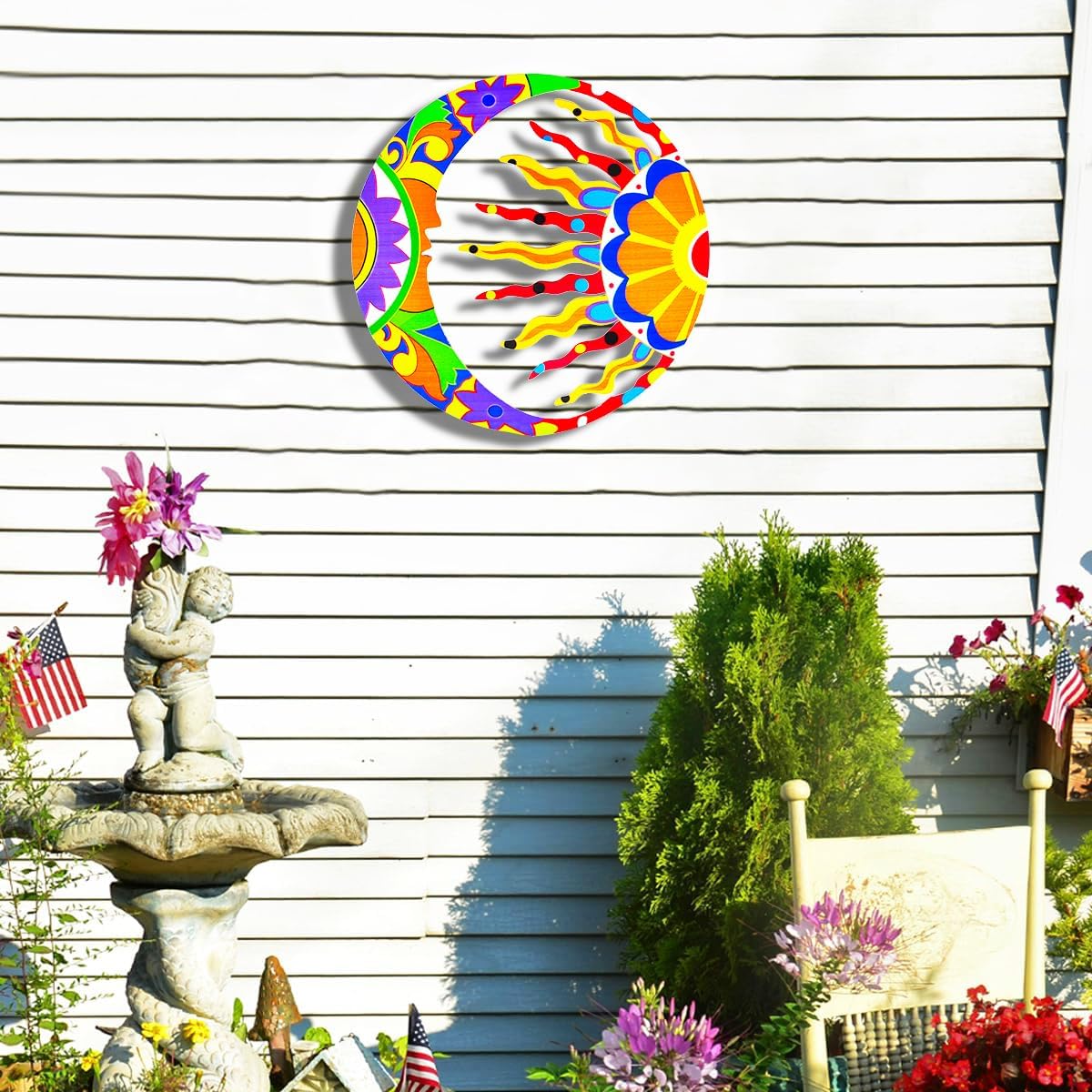 Akulgaci Metal Sun Wall Art Decor, Mexican Talavera Style Sunface Garden Outdoor Indoor Hanging Decorations for Yard Patio Fence Living Room Home Sun & Moon Art
