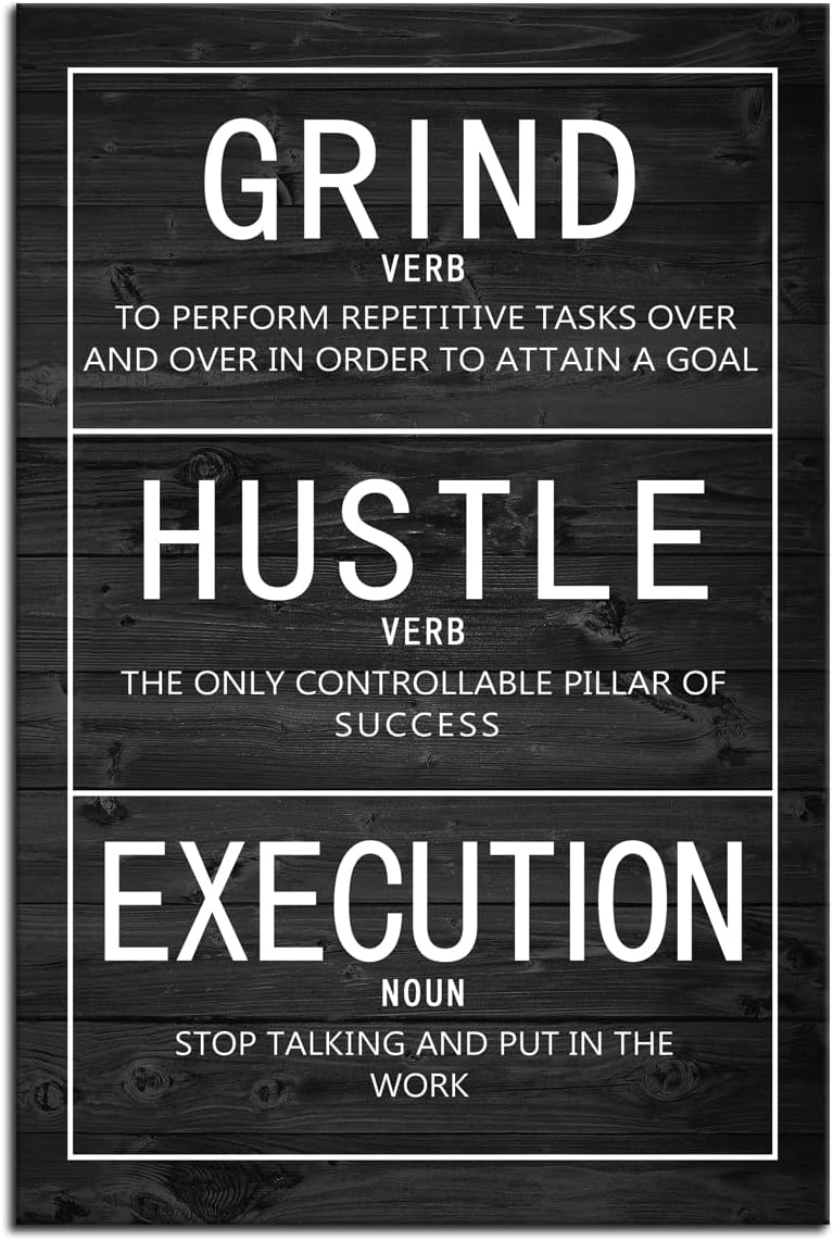 Grind Verb Hustle Verb Execution Noun Motivational Canvas Painting Wall Art Inspirational Poster Prints Artwork Pictures for Home Decor Office Framed Ready to Hang [12''W x 18''H]