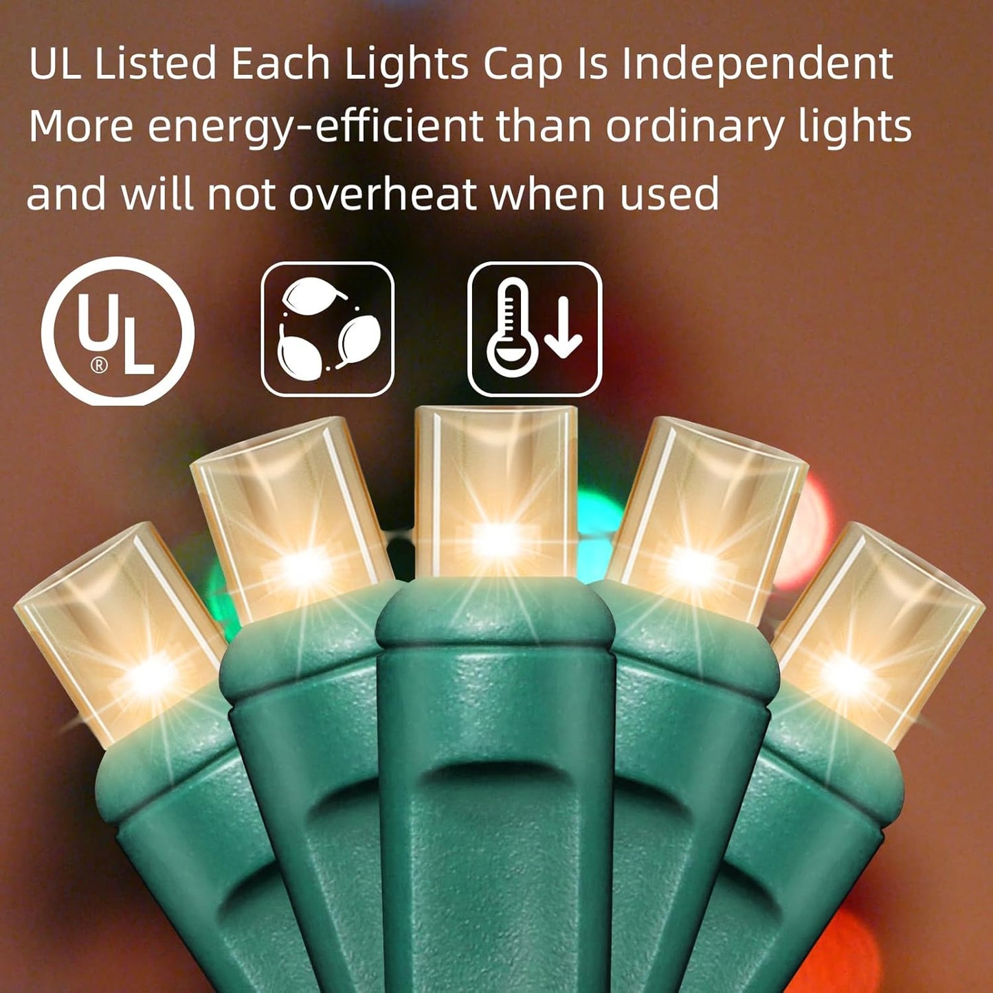 50Count String Lights, LED Christmas Lights, 6" SPACING,100% Quickly Twinkle,Green Wire,Warm White,Commercial Grade