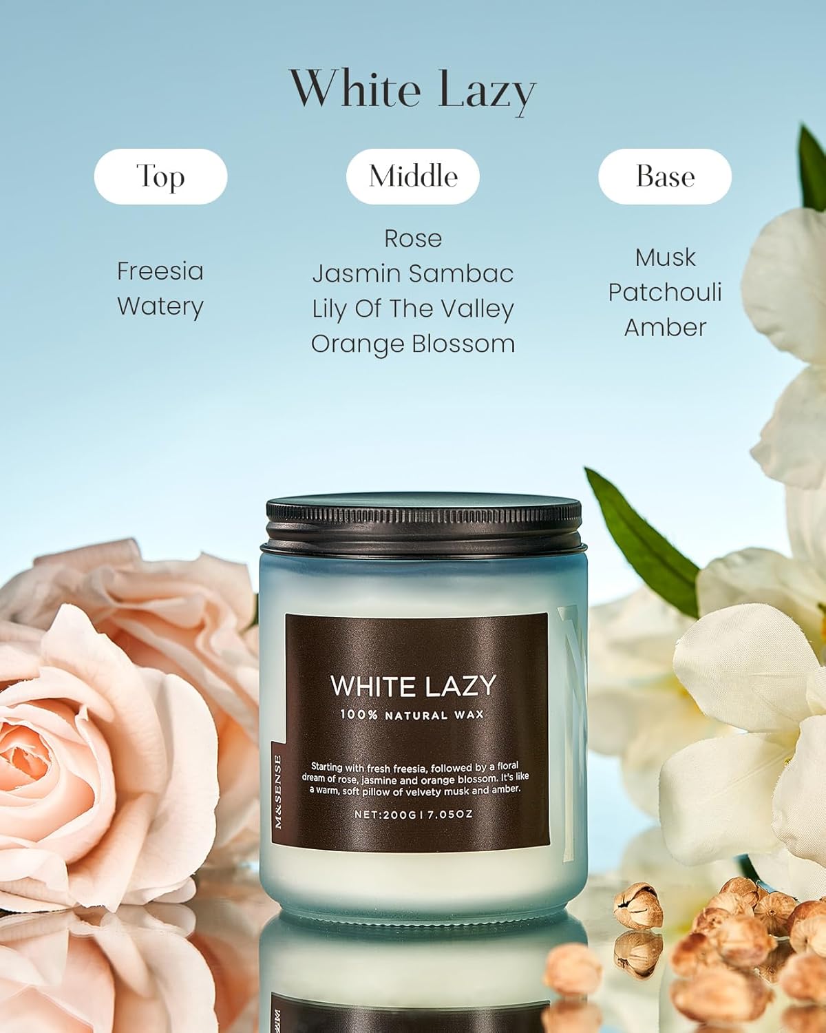 M&SENSE White Lazy - Clean Cotton & Jasmine Scented Natural Soy Wax Jar Candles for Home Decor 7.05oz 50 Hour Long Lasting Burning, Non Toxic Organic Natural Relaxing Candle for Women