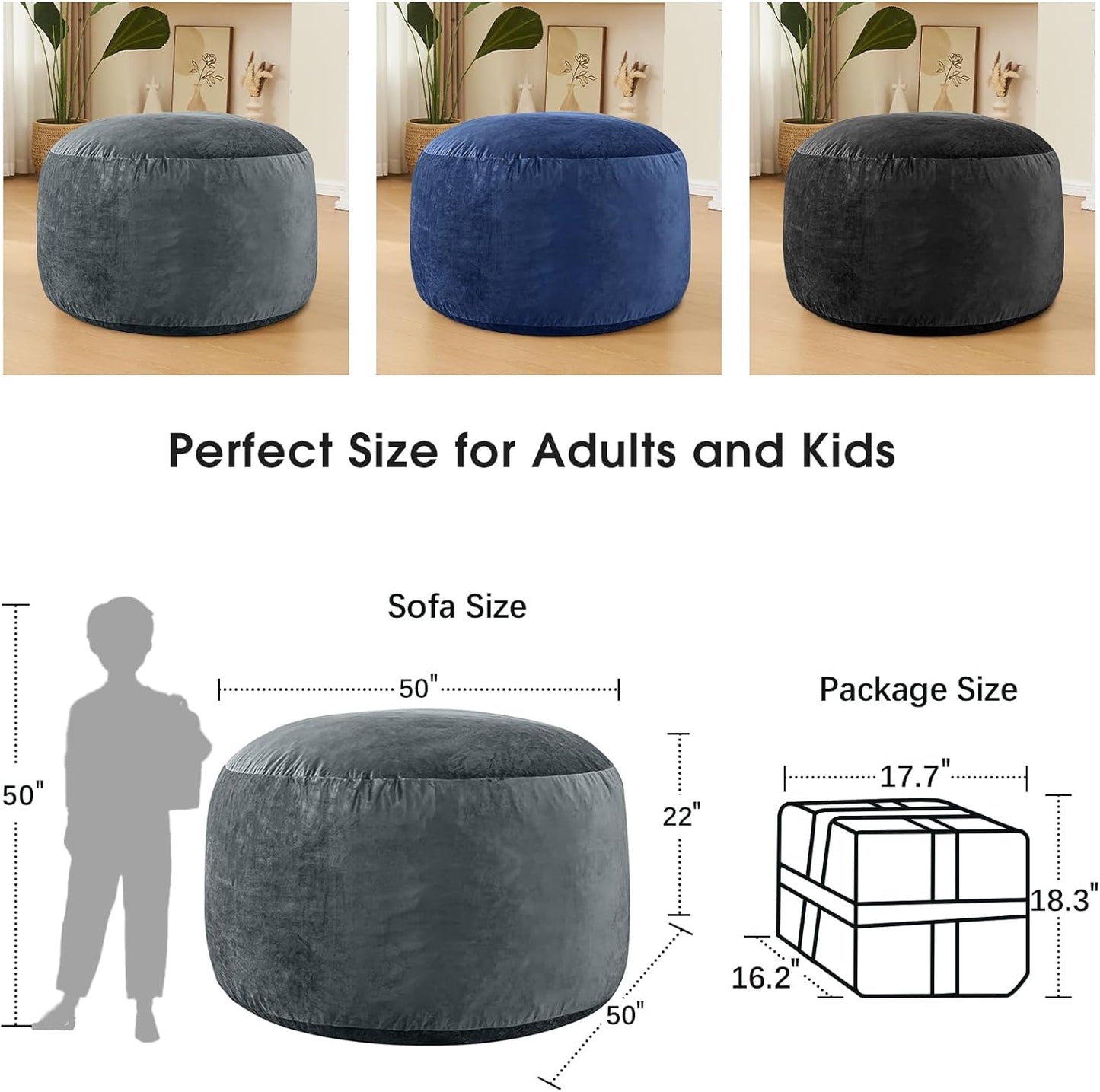 Bean Bag Chairs for Adults - Memory Foam Furniture BeanBag Chair - Kids/Teens Sofa with Soft Micro Fiber Cover - Round Fluffy Couch for Living Room Bedroom College Dorm - 5 ft, Grey