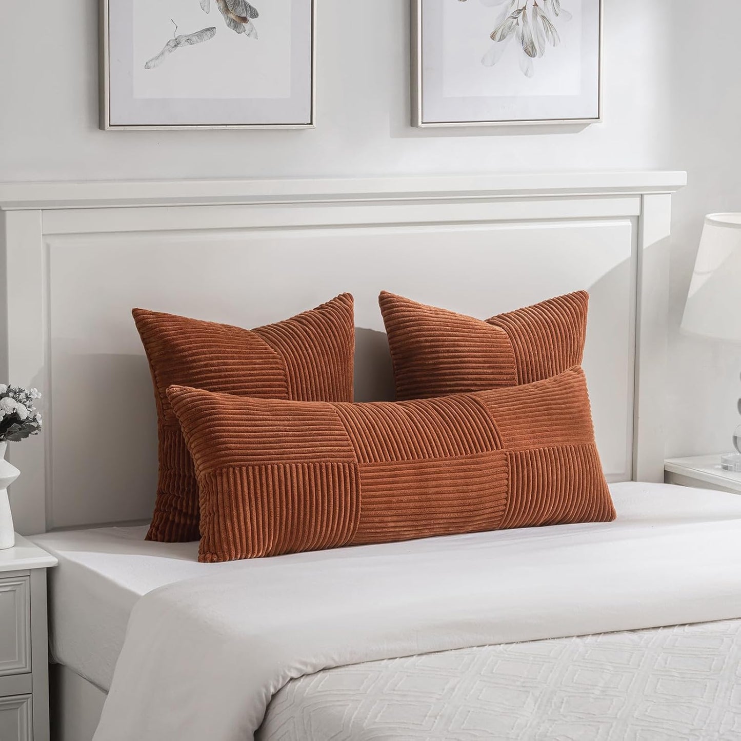 Fancy Homi Set of 2 Rust Boho Long Lumbar Body Decorative Throw Pillow Cover 14x36 Inch for Bed Couch Bedroom Bench, Soft Patchwork Corduroy Textured Pillow Case, Rustic Farmhouse Room Décor