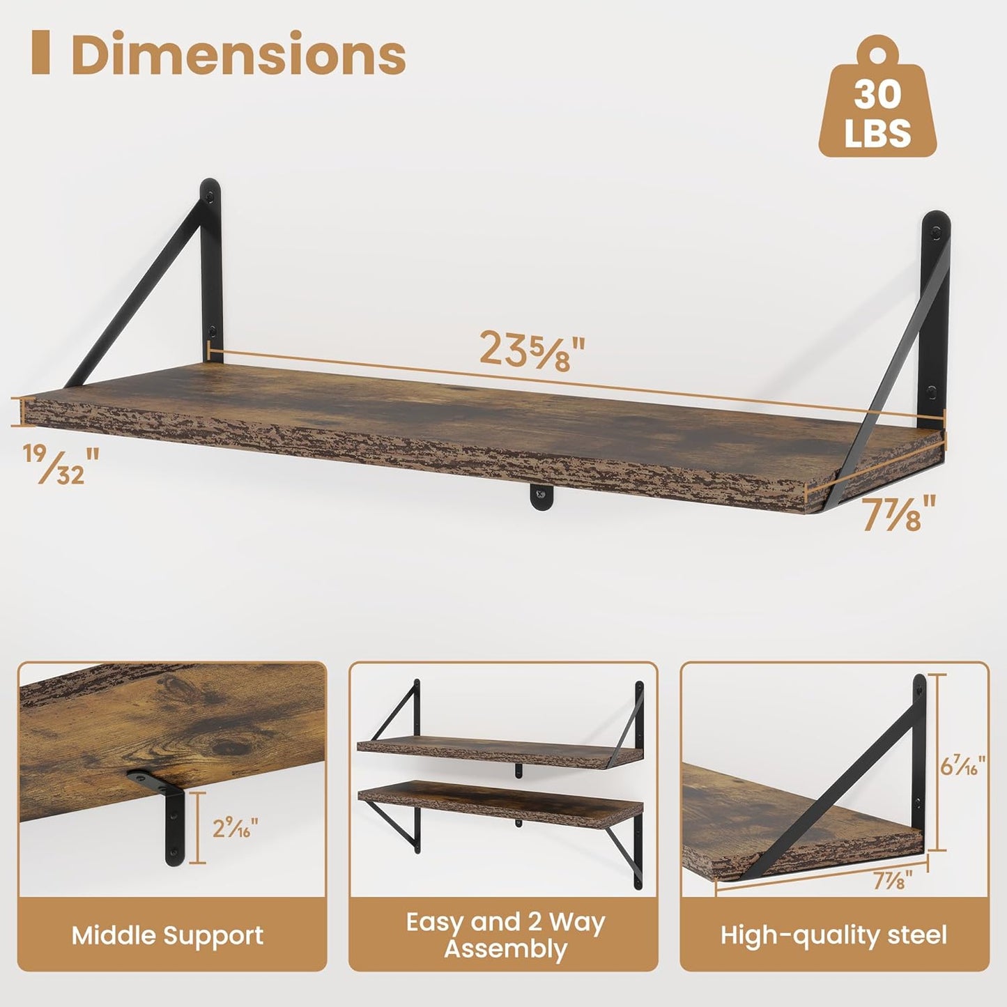 Heimlove 24 Inches Rustic Brown Floating Shelves,8 Inches Deep Wall Bookshelf Mounted Display&Storage Wood Wall Shelves for Kitchen Bathroom Laundry Living Room,Set of 3