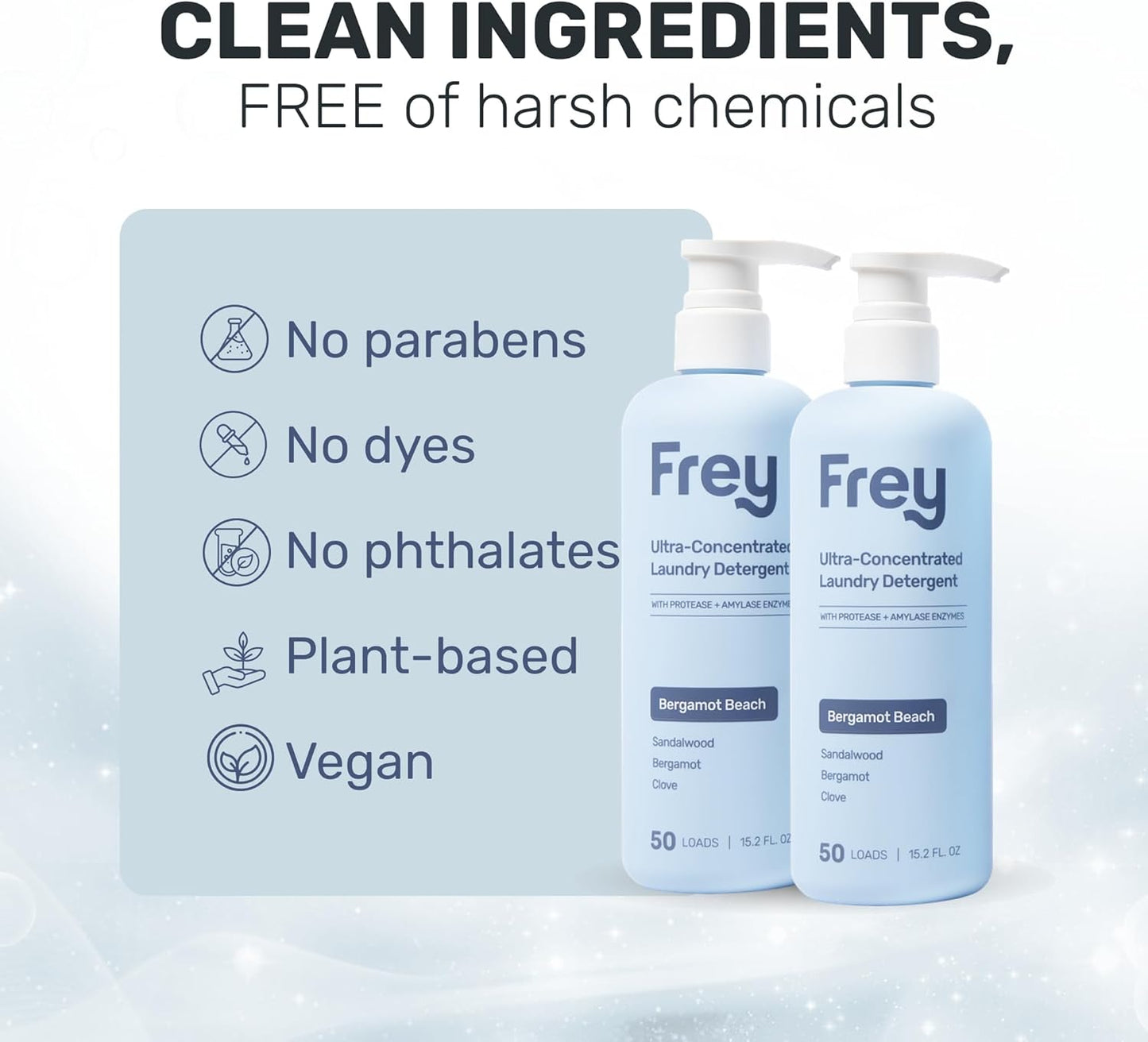 FREY Concentrated Natural Laundry Detergent - 50 Concentrated Loads of Long Lasting High Efficiency Liquid Laundry Detergent - Eco Friendly Blend of Great Smelling Biodegradable Natural Ingredients, Sandalwood/Bergamot/Clove, 2 Pack