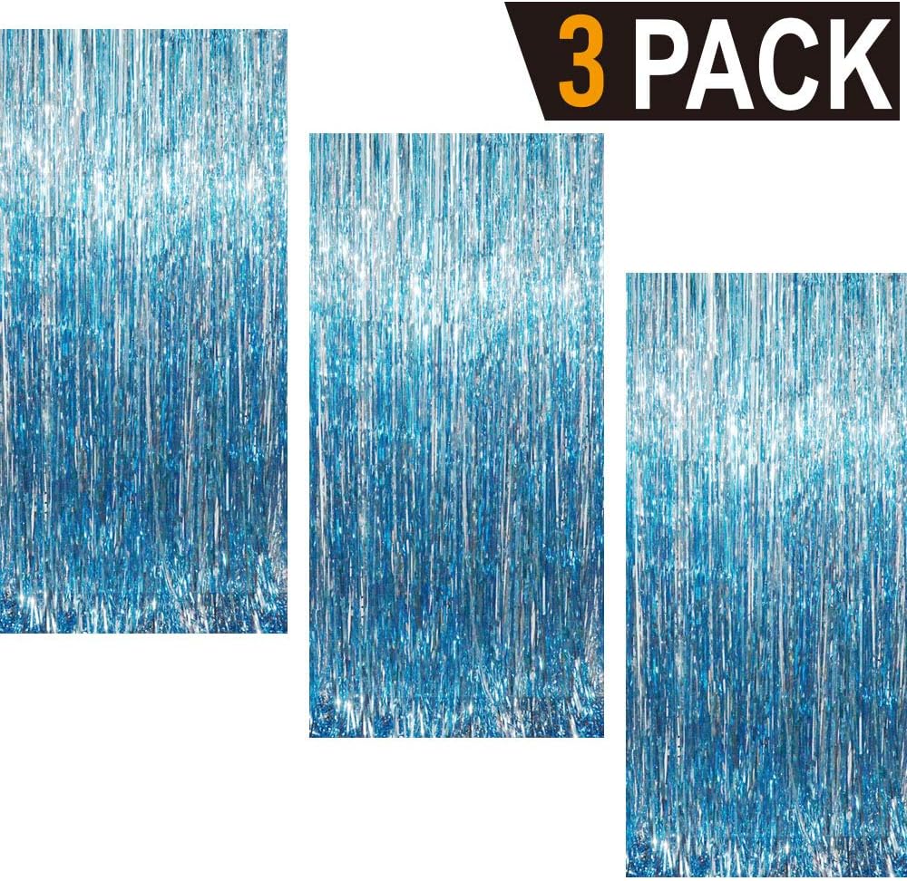 GOER 3.2 ft x 9.8 ft Metallic Tinsel Foil Fringe Curtains Party Photo Backdrop Party Streamers for Birthday,Graduation,New Year Eve Decorations Wedding Decor (Light Blue,3 pcs)