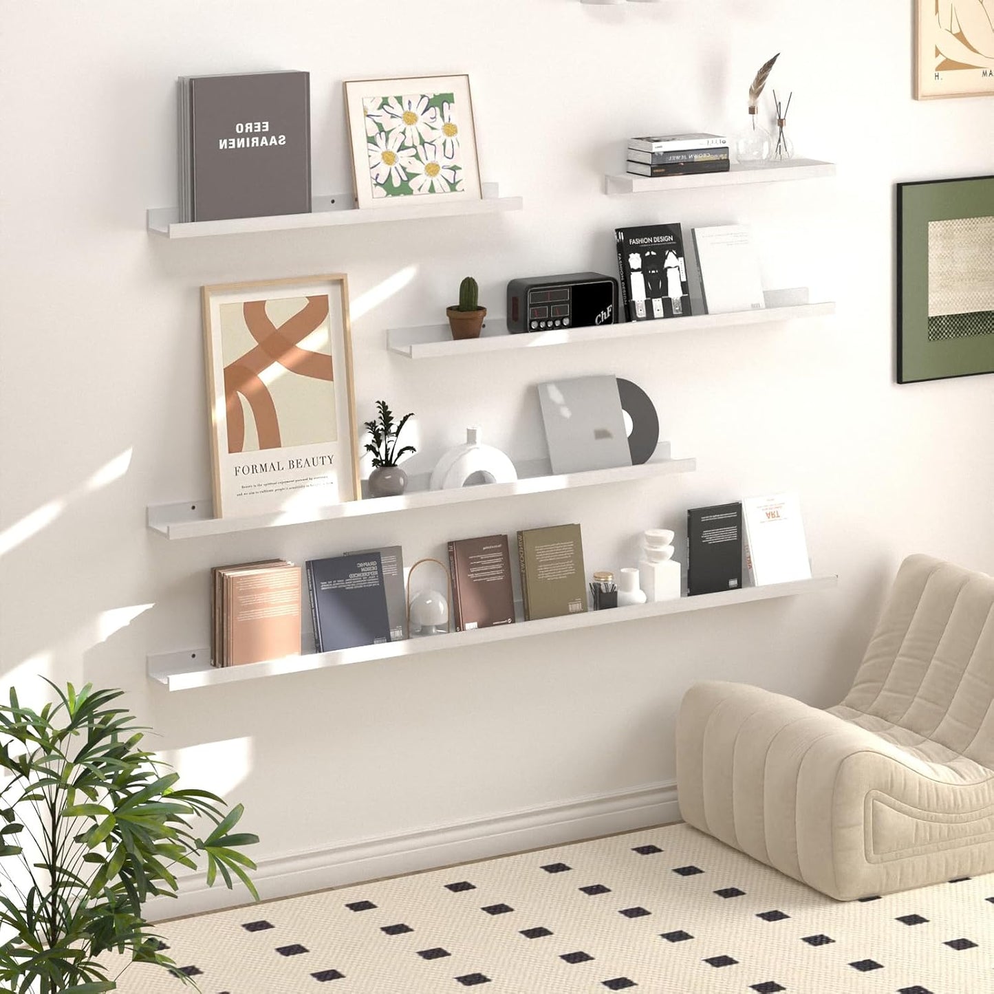 SAUMONIERES Picture Ledge Shelf Floating Book Shelves Set of 2 Wall Mounted Solid Wood for Bedroom Bathroom Living Room Kitchen, 24 Inch White