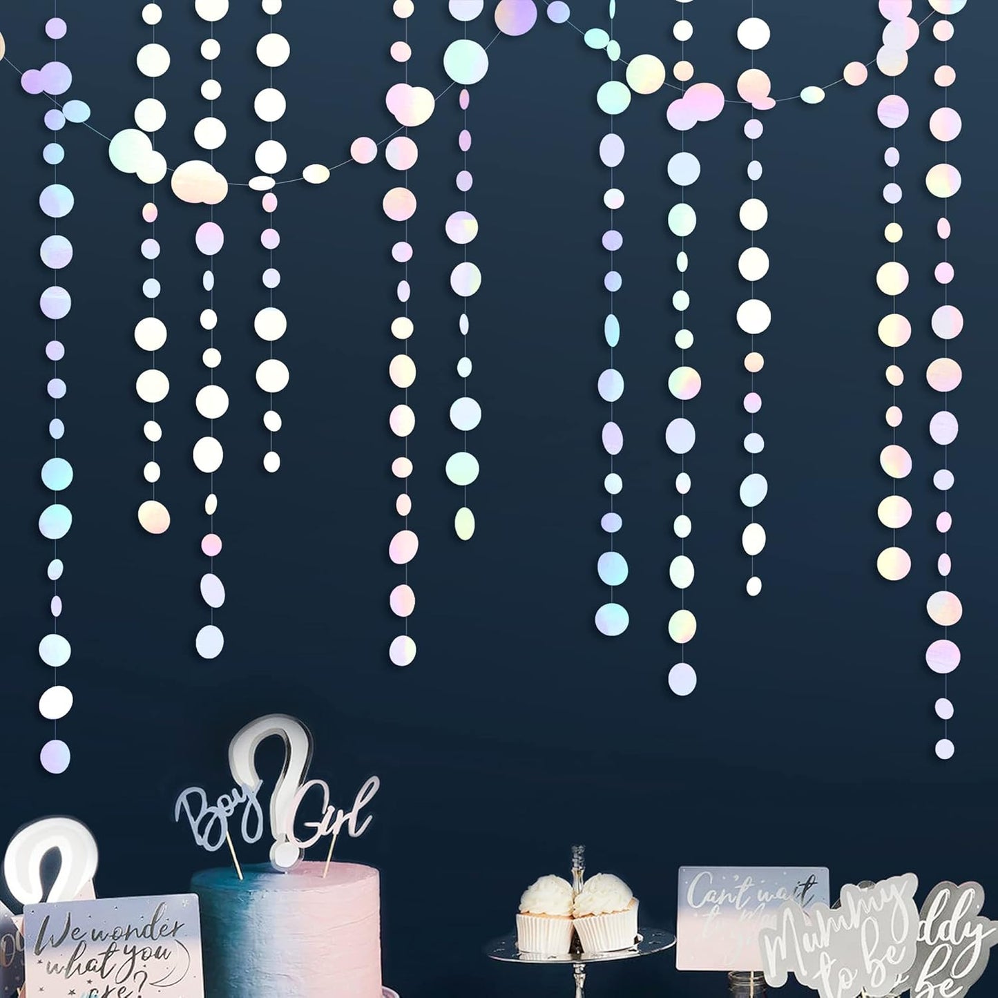 46 Ft White Iridescent Circle Dots Garland Hanging Holographic Polka Dots Streamer for Birthday Bachelorette Engagement Wedding Bridal Shower Galaxy Pastel Winter Christmas Party Decorations Supplies