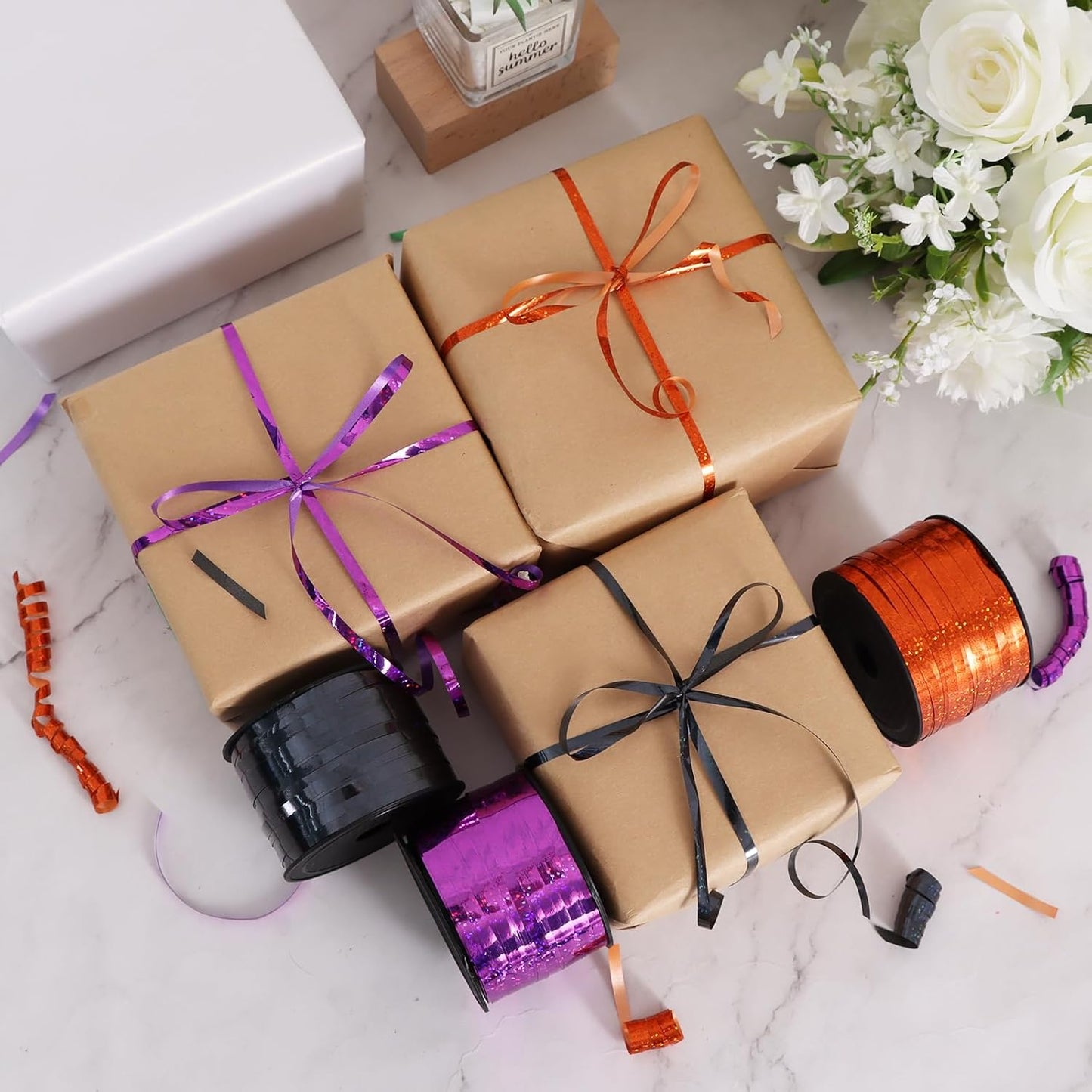 BEISHIDA 3 Pack 100 Yards Black Purlple Orange Curling Ribbon Balloon String Gift Wrapping Ribbon for Halloween & Birthday Parties, DIY Craft Holiday Decorations