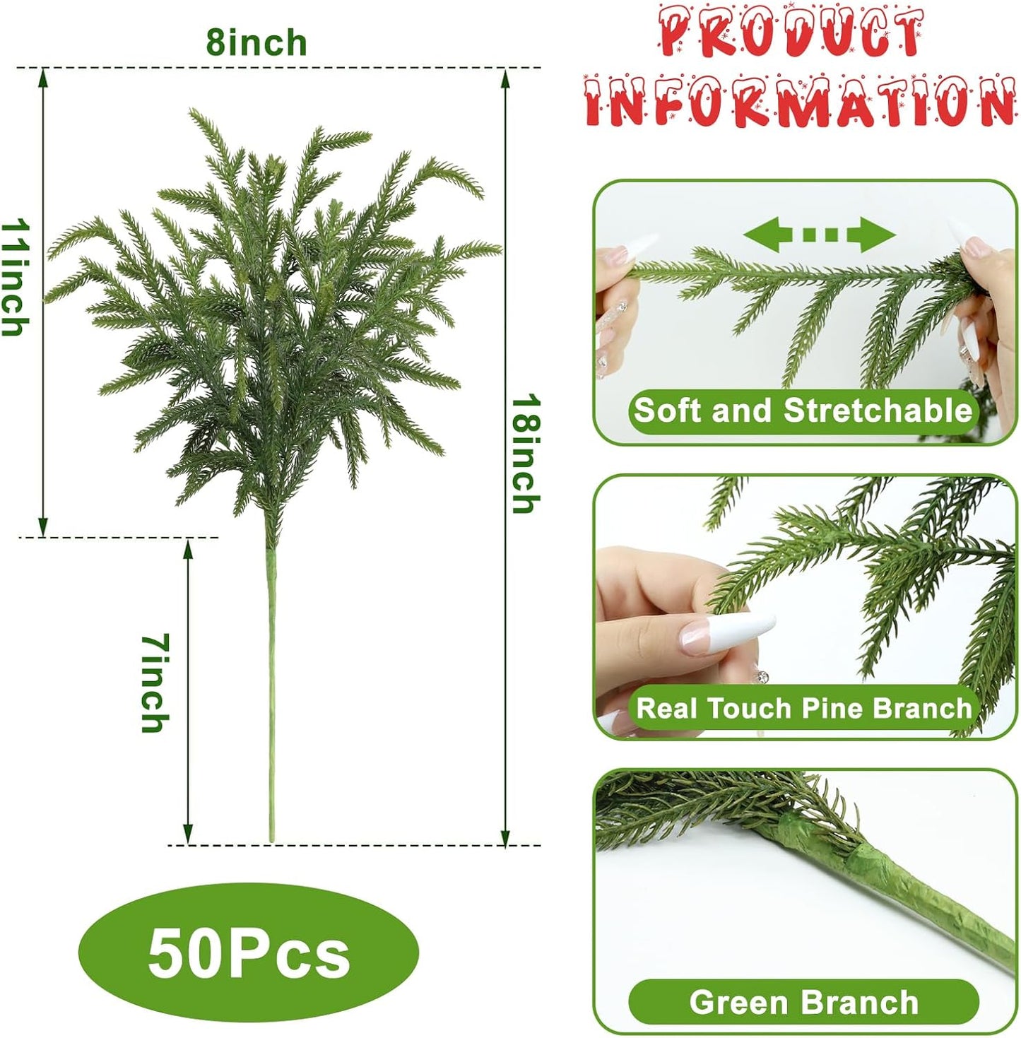 Artgar 50 Pcs Pine Branches - 18 Inch Artificial Green Pine Stem - Real Touch Pines Branches - Christmas Greenery Pines Branches for DIY Flower Arrangement Home Indoor Christmas Decor