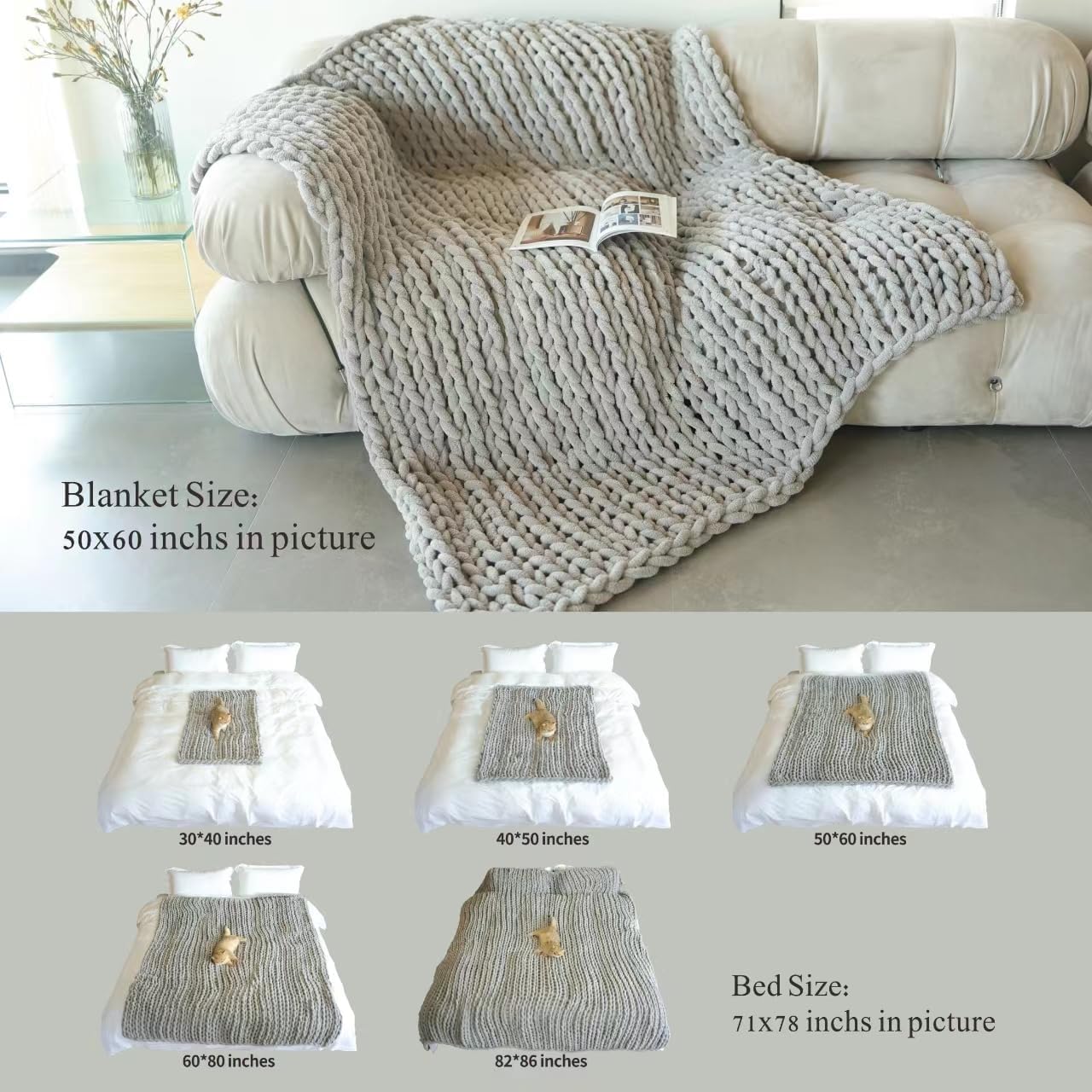 Maetoow Chenille Chunky Knit Blanket Throw （50×60 Inch）, Handmade Warm & Cozy Blanket Couch, Bed, Home Decor, Soft Breathable Fleece Banket, Christmas Thick and Giant Yarn Throws, Baby Blue