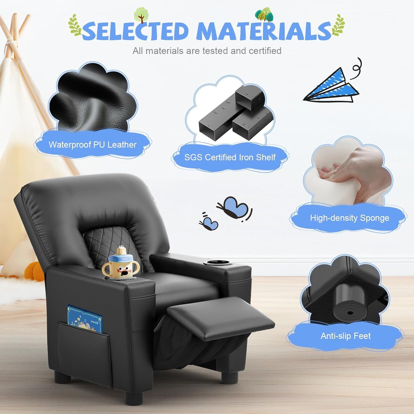 Kids Recliner Chair, Leather Push Back Kids Reclining Chair with Cup Holders & Side Pockets, Safety Adjustable Footrest Toddler Recliner for Age 3+, Kid Recliners for Girls Boys, Black