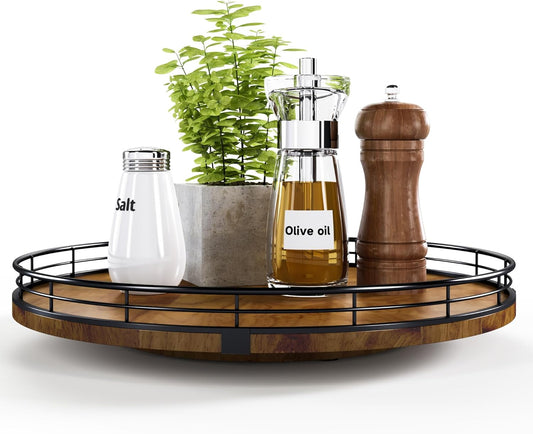Farmhouse Oak 13" Lazy Susan Turntable Organizer for Cabinet, Round Wooden Lazy Susan Organization and Storage for Dining Table, Pantry, Kitchen, Countertop, Cupboard,Home Decor, Walnut Wood