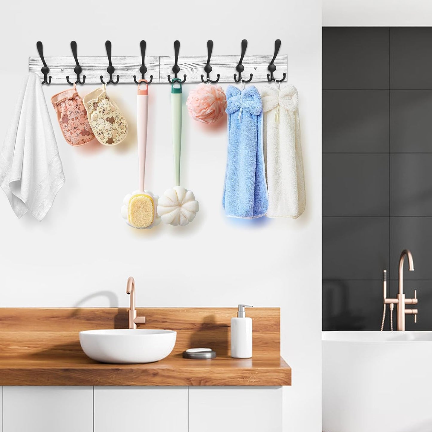 IBosins Wall Mounted Coat Rack, 31.4'' Long, Rustic Wood & Aluminum Coat Rack with 8 Black Tri-Hooks for Coat, Bag, Towel, Key, Hat, Umbrella