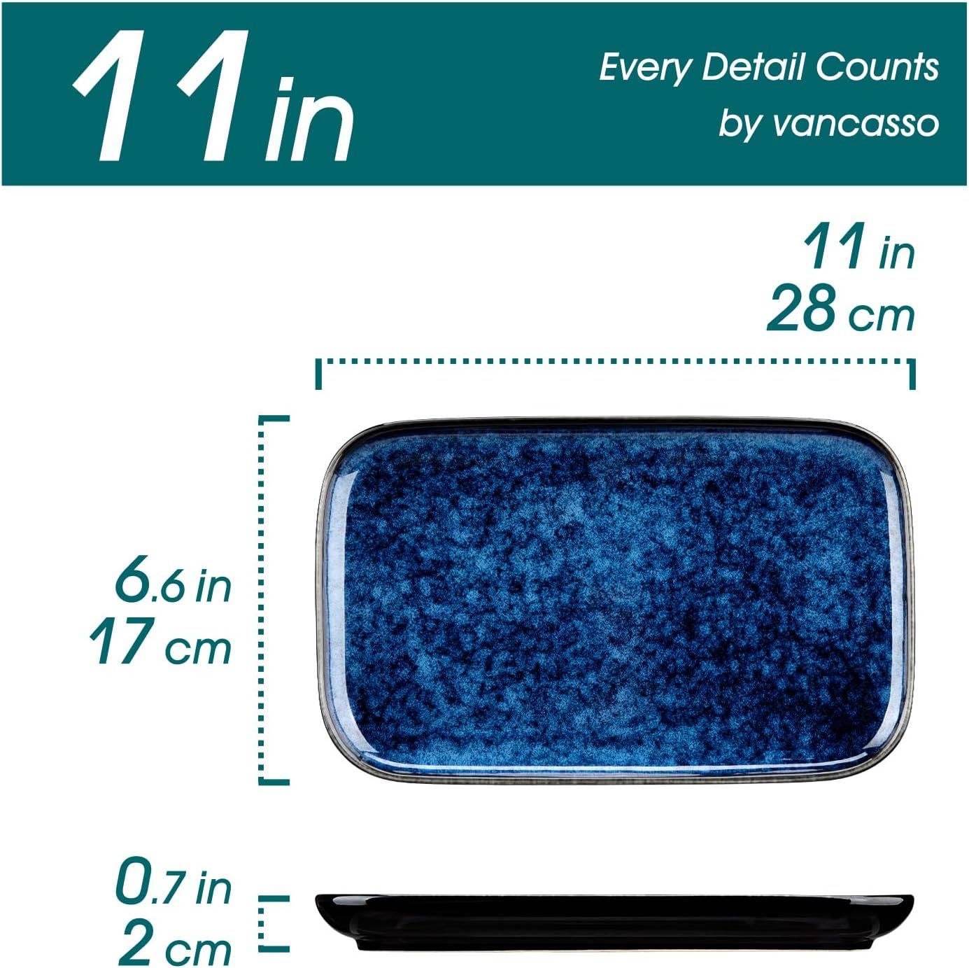 vancasso Stern Serving Platters Set of 4, 11 Inches Rectangular Ceramic Serving Plates, Blue Serving Trays for Entertaining