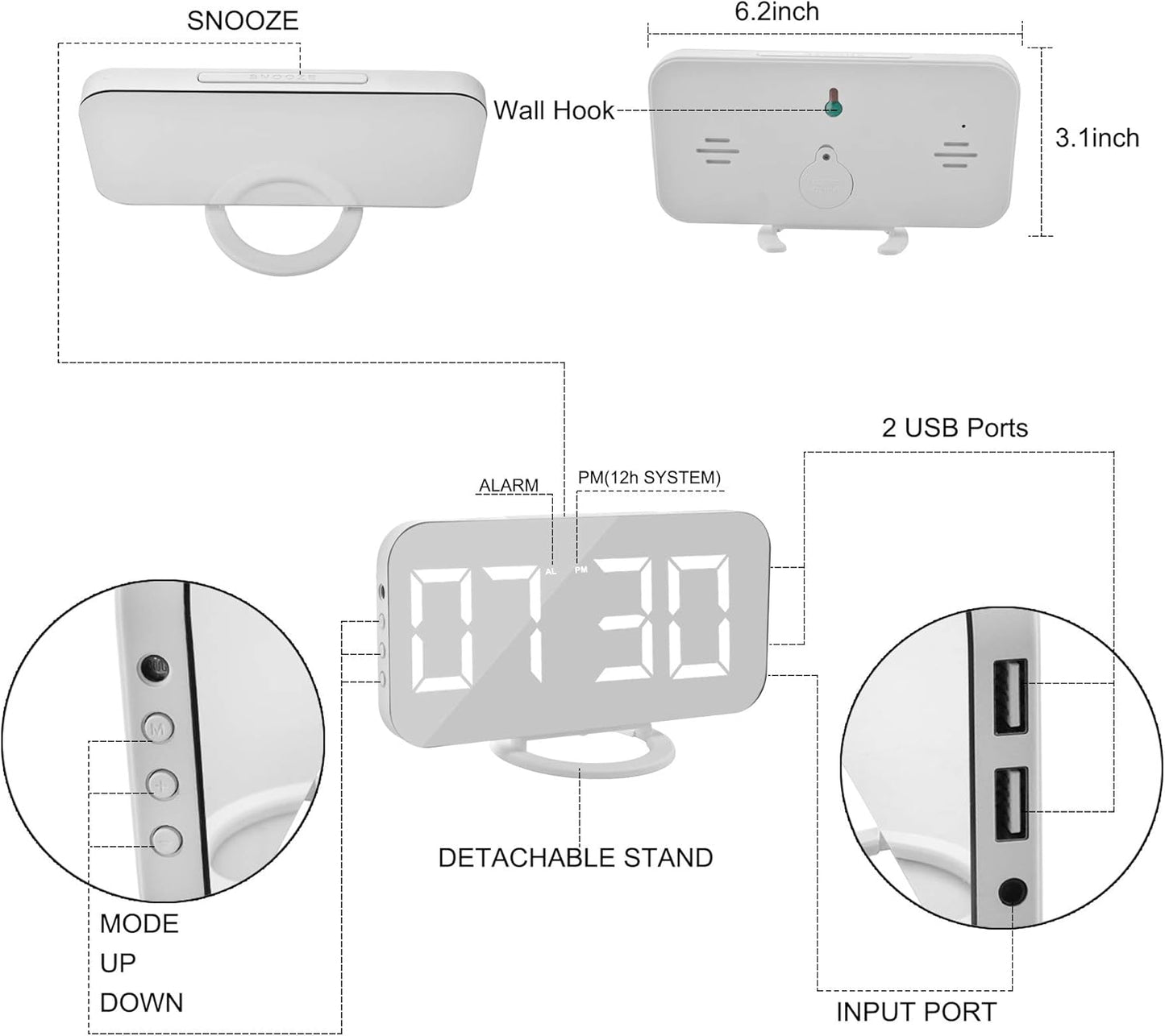 SZELAM Digital Clock Large Display, LED Electric Alarm Clocks Mirror Surface for Makeup with Diming Mode, 3 Levels Brightness, Dual USB Ports Modern Decoration for Home Bedroom Decor-White (001)