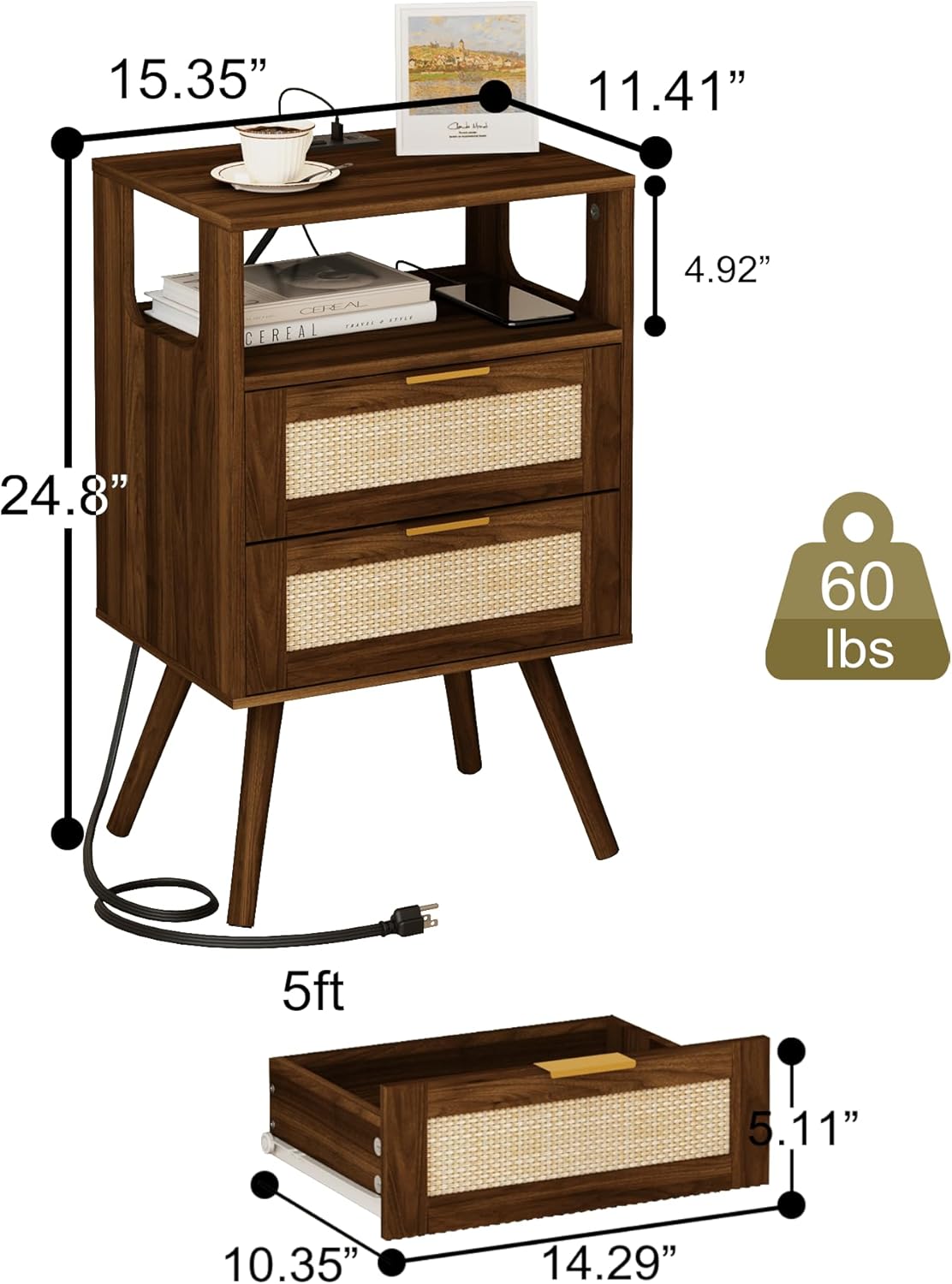 Rattan Nightstand with Charging Station,Modern Bedside Table with 2 Storage Drawer and Open Wood Shelf, for Bedroom and Small Spaces,Night Stand with Solid Wood Legs (Walnut Brown)