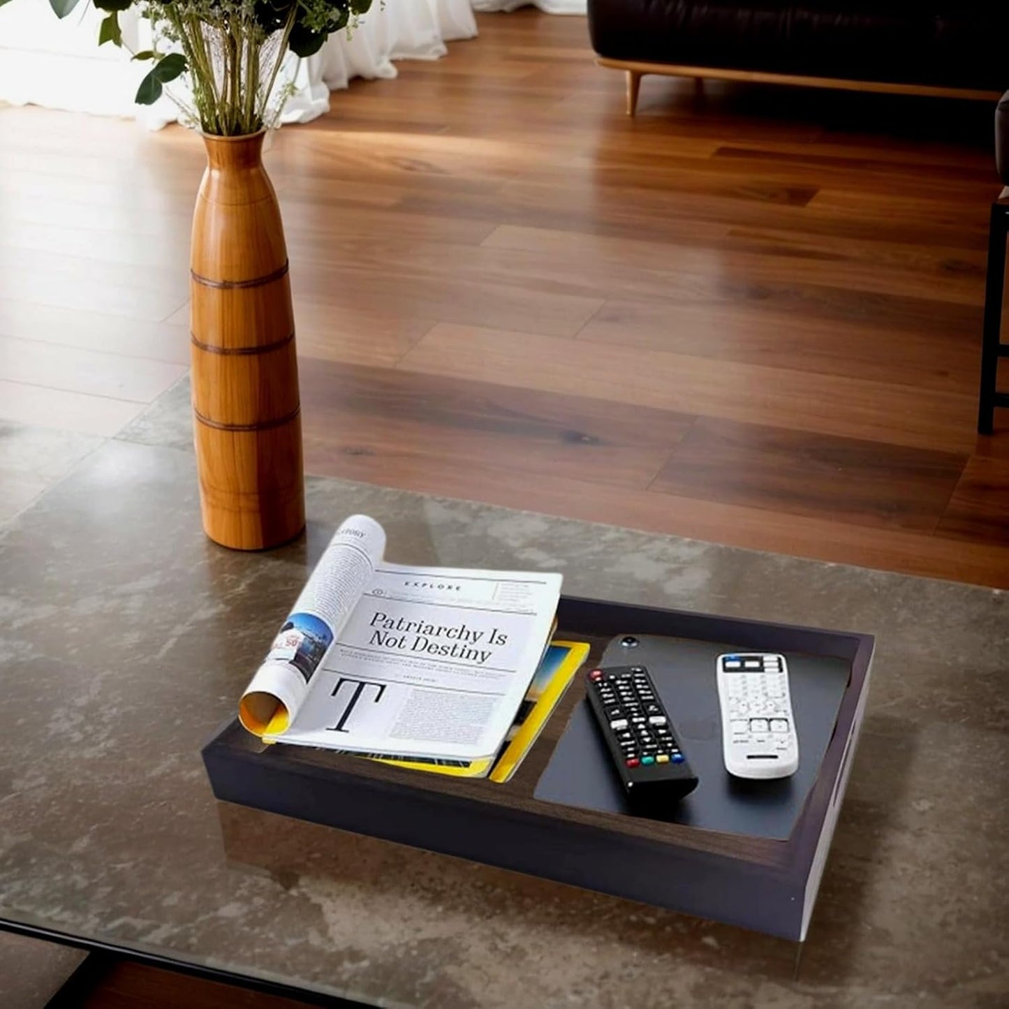 Large Bamboo Wooden Tray with Handles, Rectangular Natural Solid Wood, Black Walnut Color Serving Tray Suitable for Kitchen,Bedroom,Coffee, Party Bars. (14.9x10.2x1.57 inches)