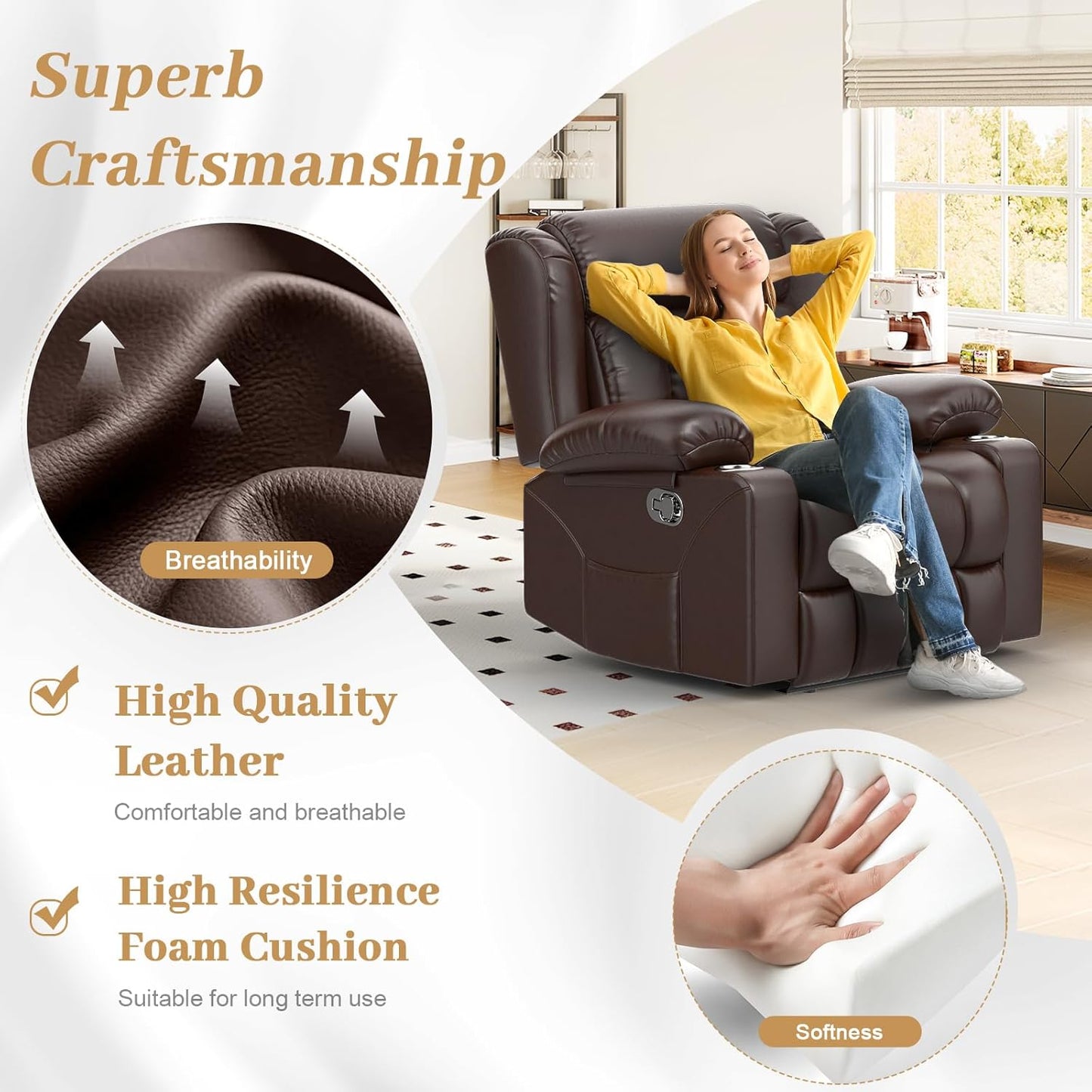 Recliner Chair for Adults, Oversized PU Leather Manual Pull Tab Reclining Chair with Cup Holders, Minimalist Style Single Sofa for Living Room, RV (Brown)