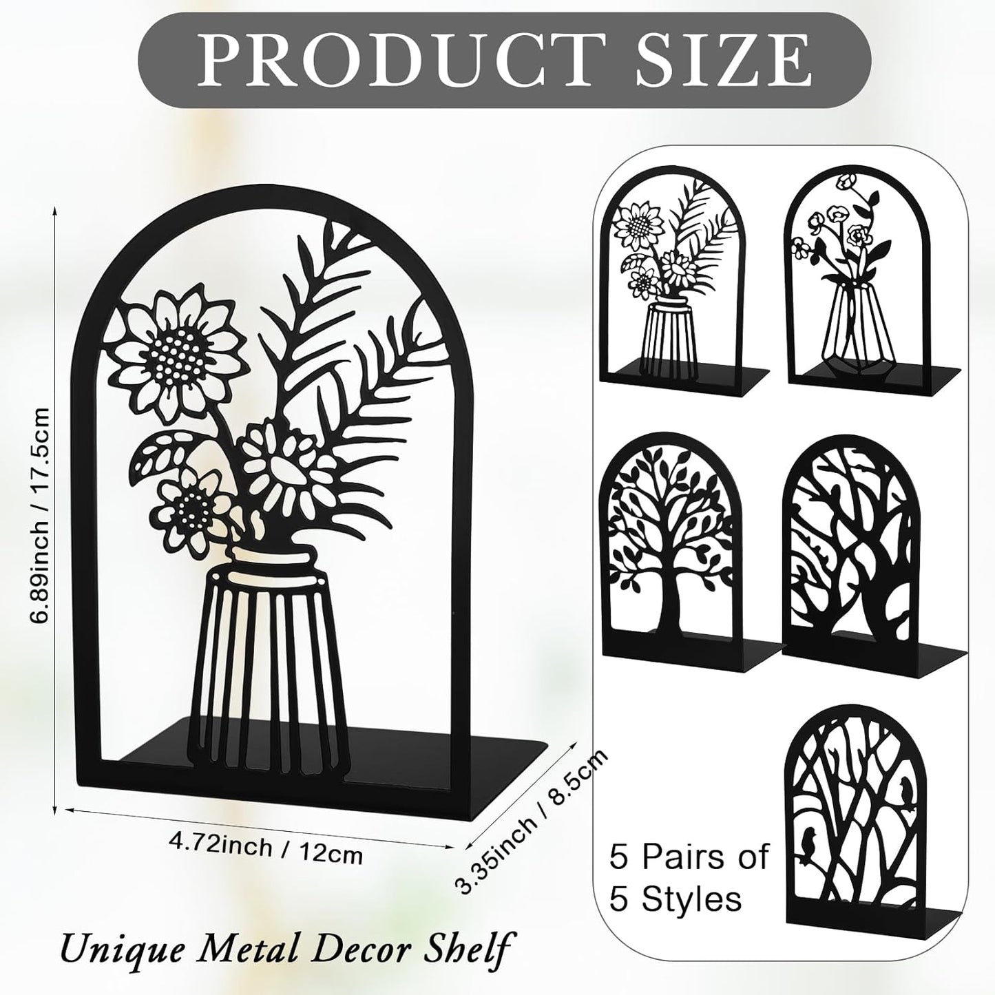 Faccito 5 Pairs Book Ends, Black Metal Bookends for Shelves Decorative, Non Skid Tree Stopper and Flower Shelf Holder for Heavy Books, Home Office School Supplies(Modern)