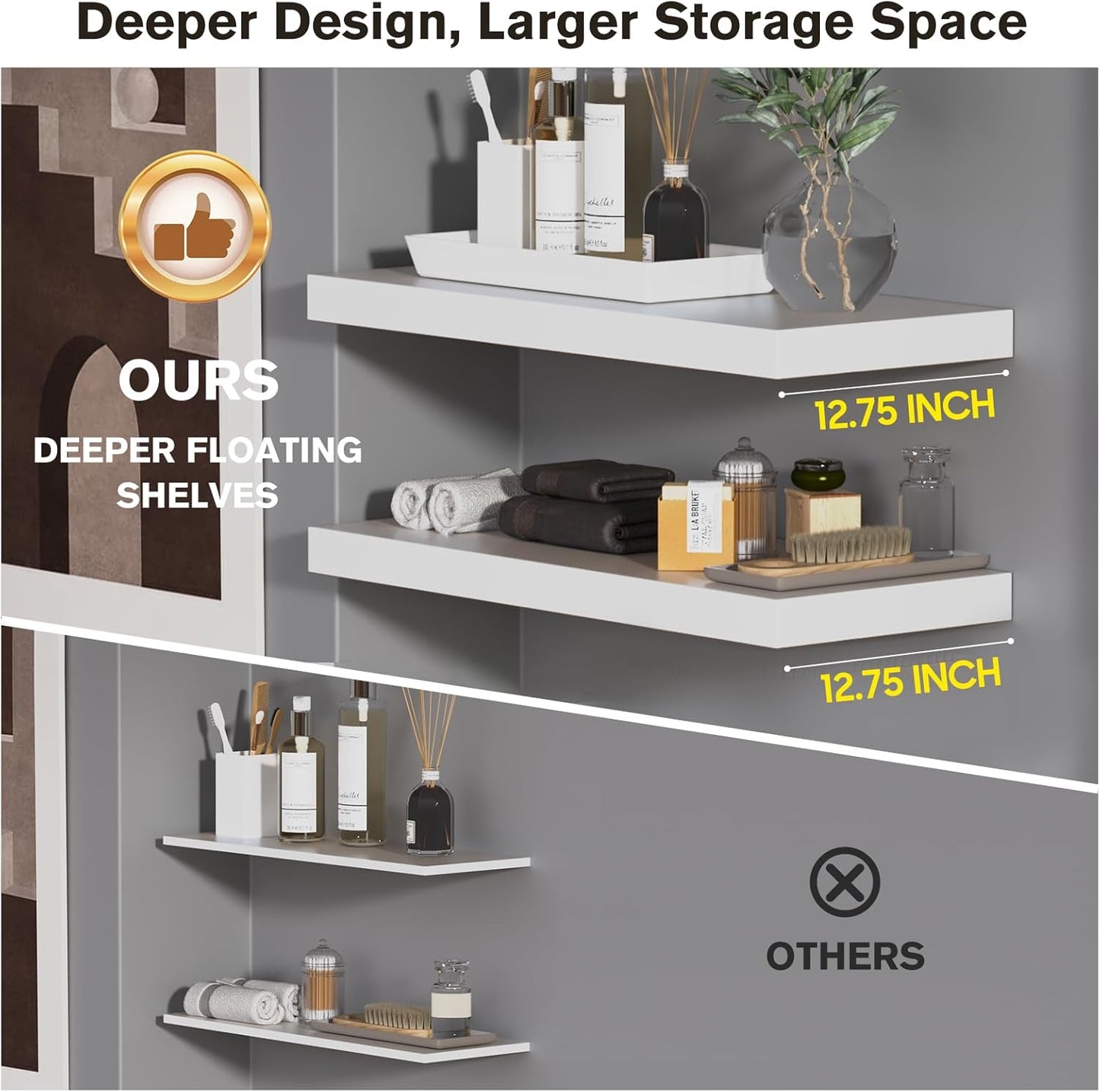 Large Floating Shelves for Wall Set of 3 Wooden Wall Shelves 36 in x 12.75 in x 2 in Room Decor Long Shelf with Invisible Wall Mount Bracket for Bedroom Kitchen Living Room White