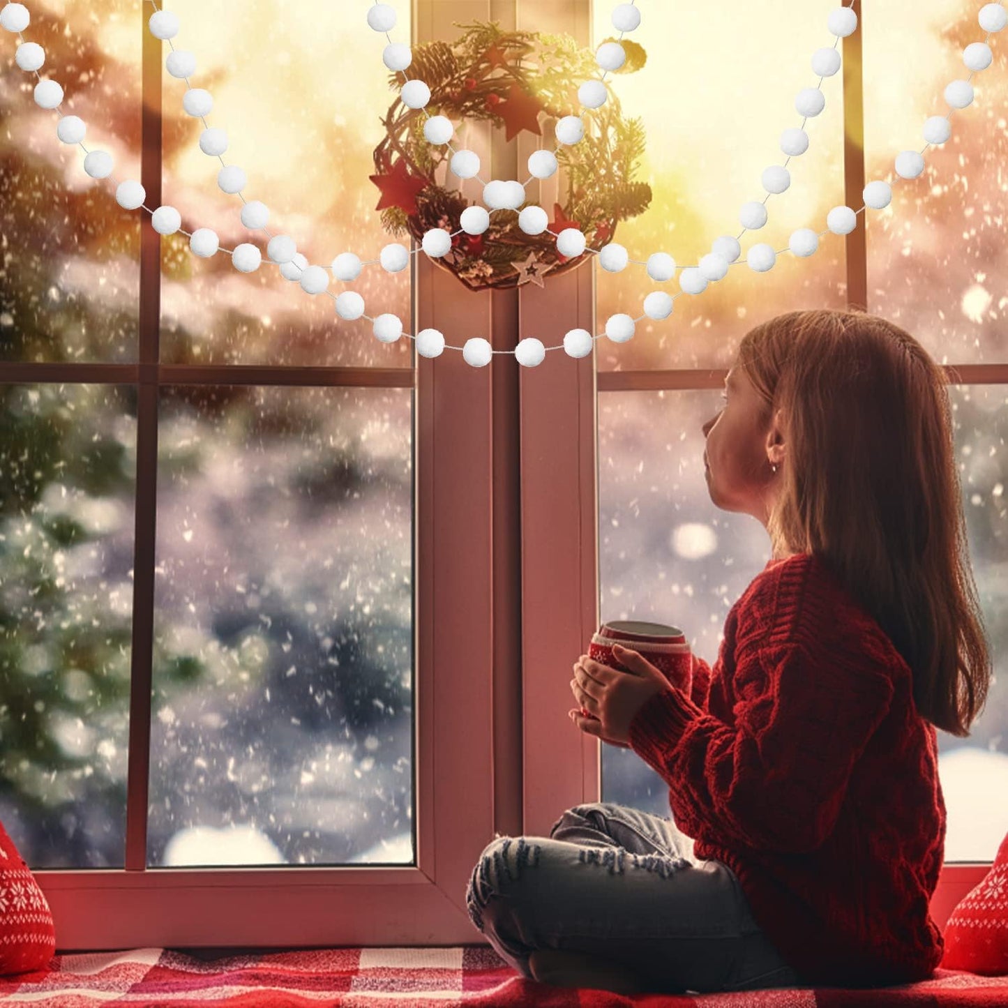 Jishi 3pk White Felt Pom Pom Garland Christmas Tree Decorations Indoor Home Decor, Cute Winter Wonderland Snow Ball Ornaments, Hanging String Pompom Snowball Beads, Xmas Holiday Birthday Party Banners