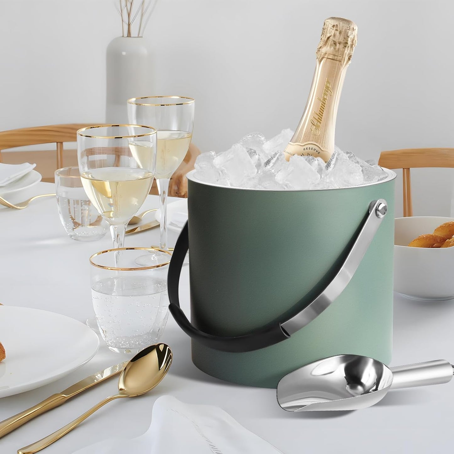 3L Ice Bucket with Silicone Lid, Scoop, Tongs & Strainer, Stainless Steel Double Wall Insulated Ice Buckets for Parties & Cocktail Bar, Outdoor Champagne Ice Container Bin, Dusty Green