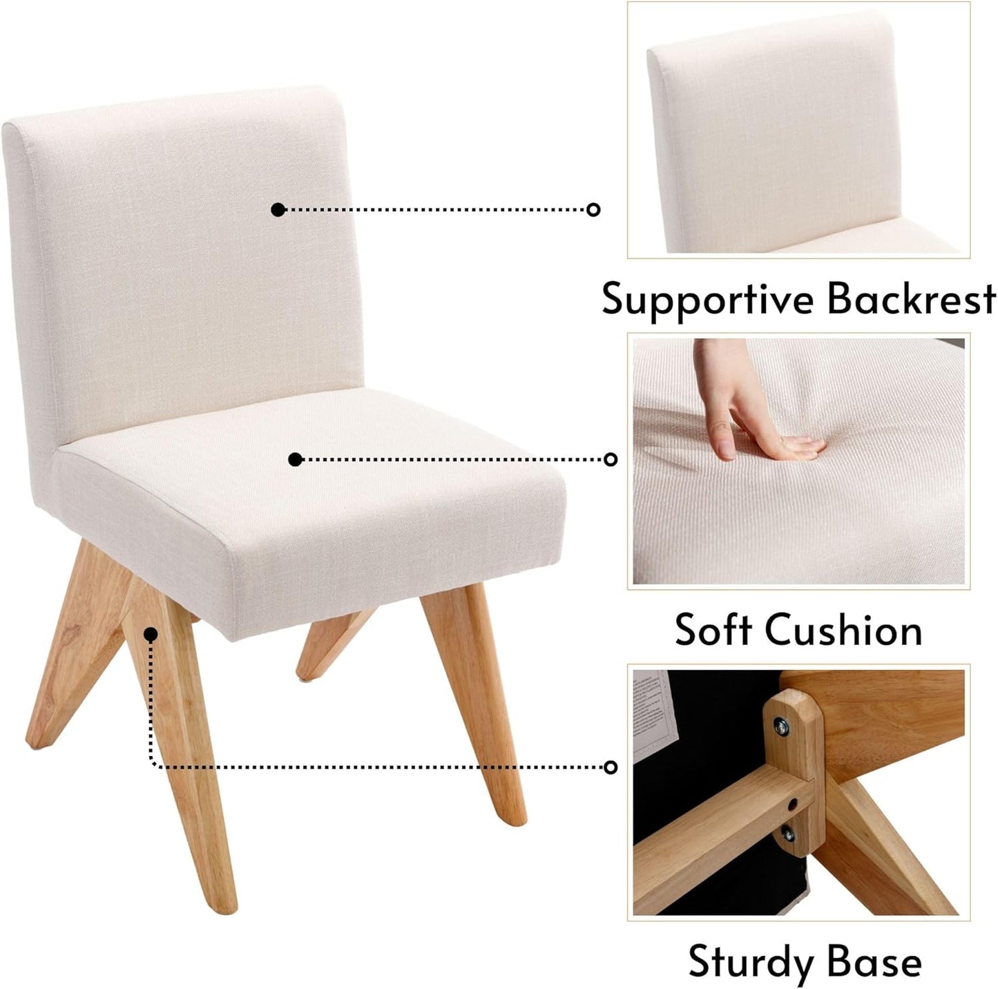 Mid Century Modern Farmhouse Dining Chairs Set of 2, Upholstered Armless Kitchen Chairs with Back and Wooden Legs, Linen Beige