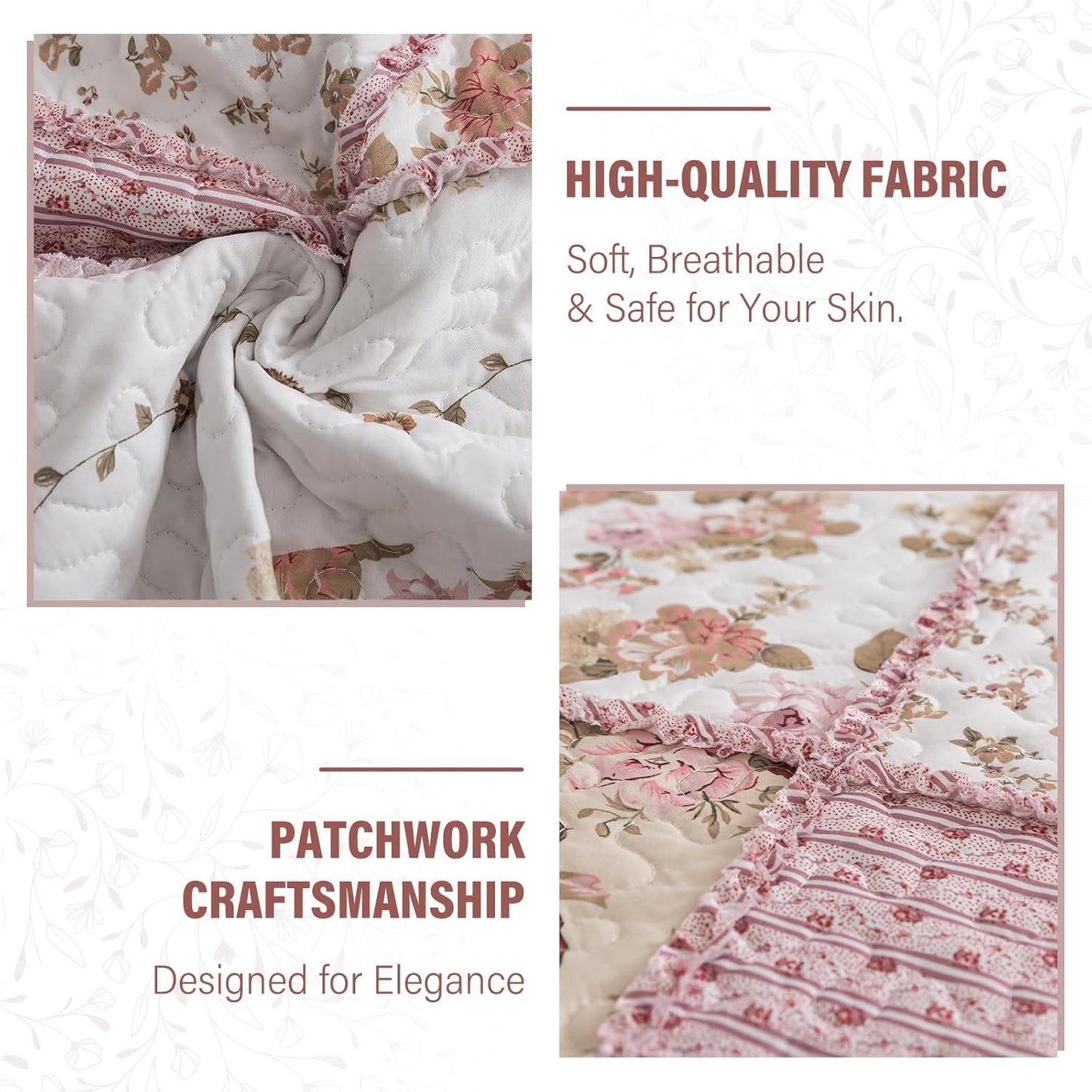 NEWLAKE Quilt Set King Size, Bedspread Sets Pink Botanical Floral, Reversible Quilt Bedding Set Lightweight and Breathable for All Seasons, Soft Quilted Bedspread with 2 Pillow Shams