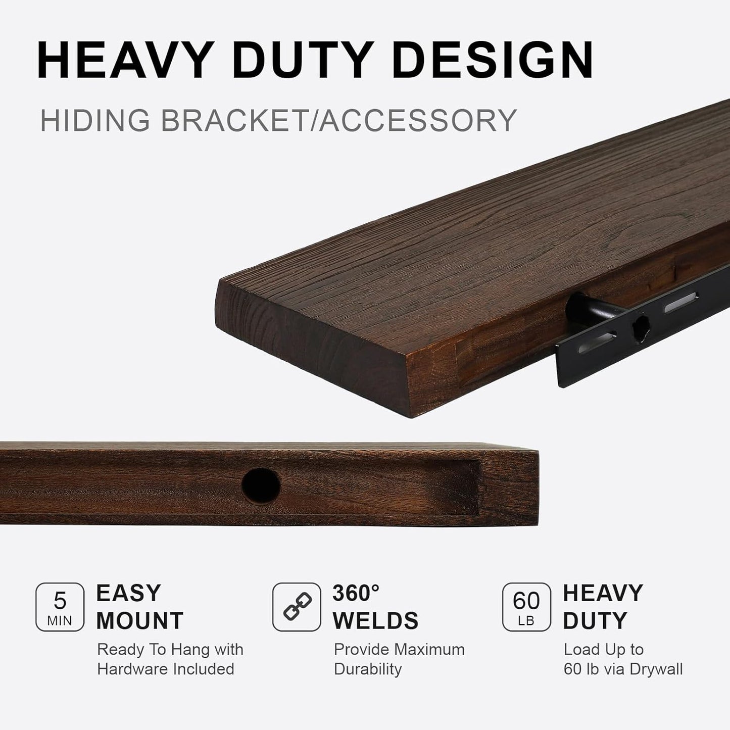 Wood Floating Shelves Set of 2, Aged Elm Wood Picture Wall Shelf, Floating Shelves for Wall for Bedroom Kitchen Bathroom Living Room (Walnut, 36 inch)