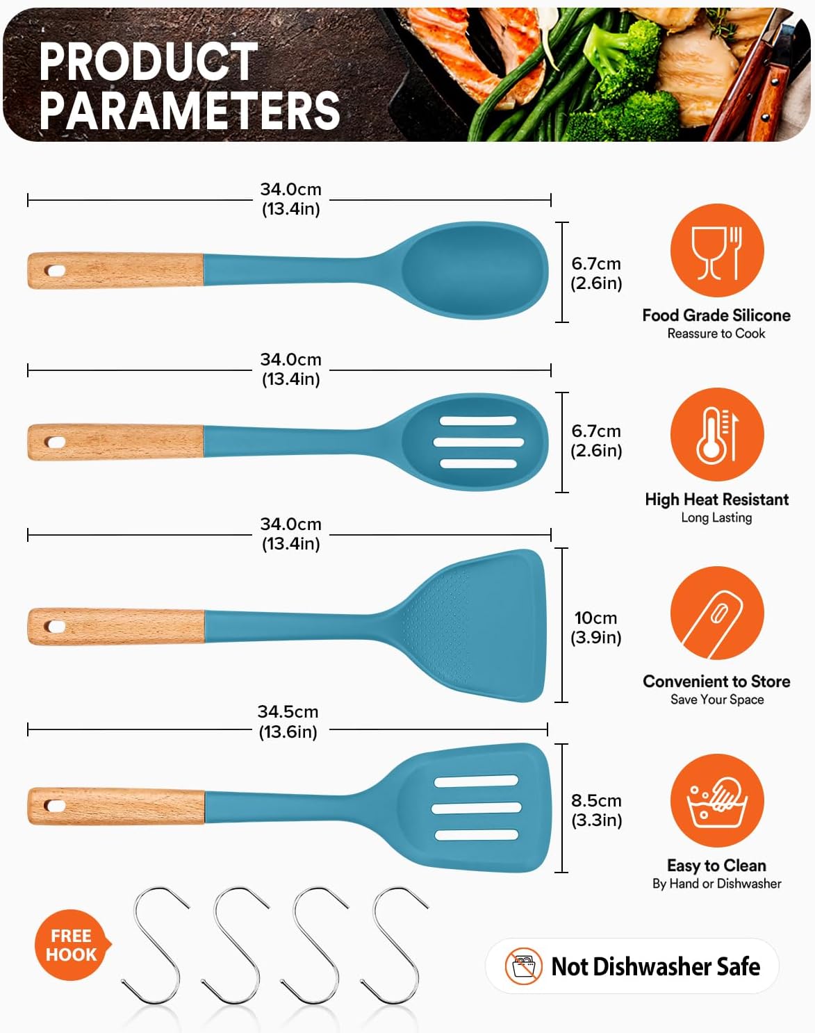 Silicone Cooking Utensils Set, Perfectly Angled for Frying, Mixing,Serving,Draining,Turning and Stirring, BPA-Free Matte Silicone, Wood Handles, Safe for Nonstick Cooking Surfaces,4 Pack (Blue)