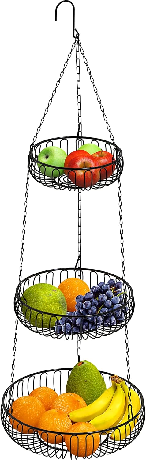 Simple Houseware Adjustable Metal Hanging Fruit Basket, Oblate, Black, 11" W x 11" L x 30" H