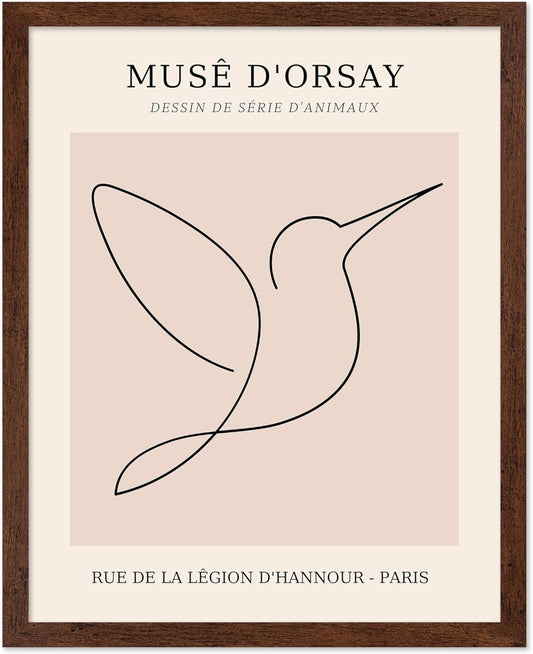 Poster Master Vintage Poster - Retro One Line Hummingbird Drawing Print - Bird Line Art - Minimal Gift for Him, Her, Animal Lover - Abstract Decor for Home, Office, 16x20 Brown Framed