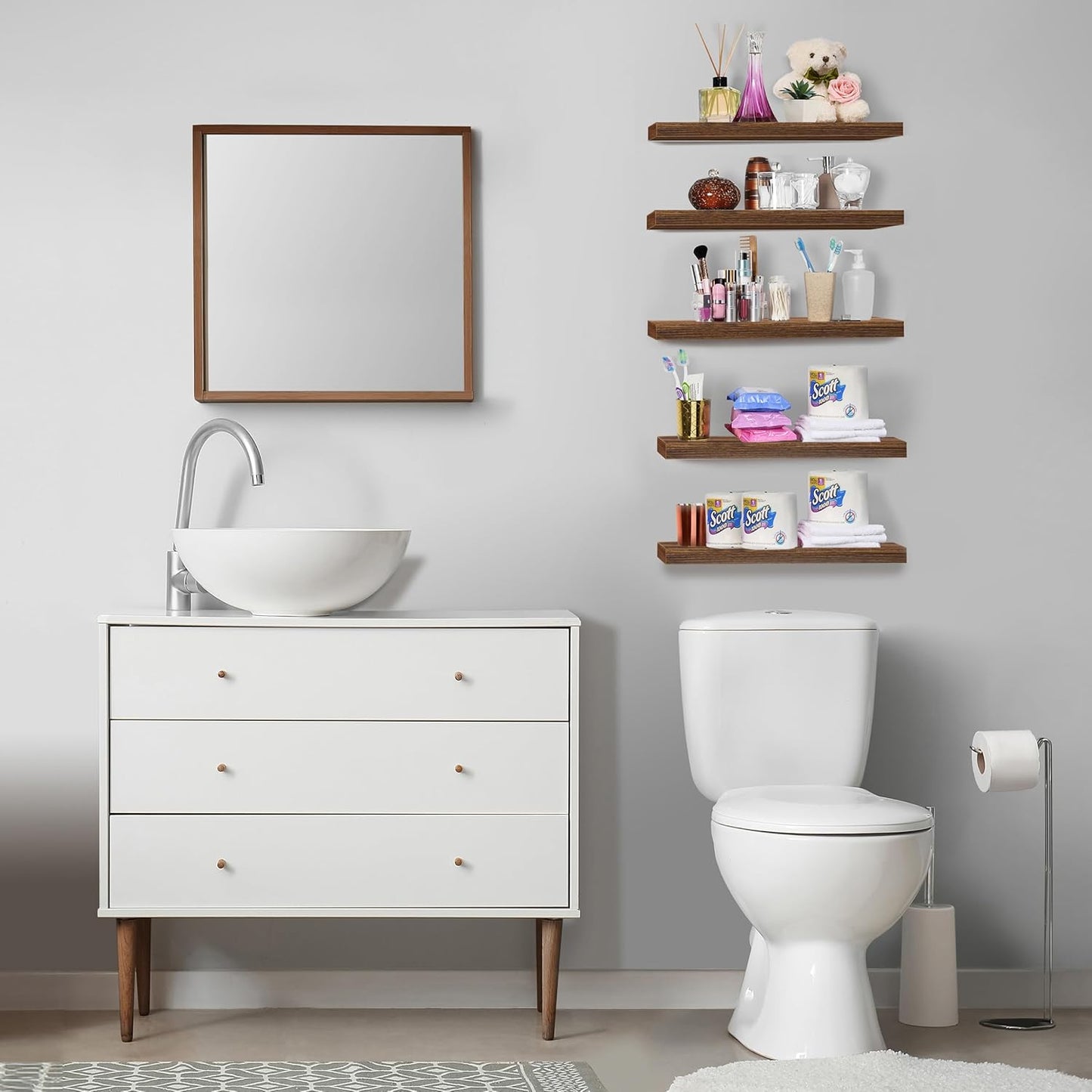 Sorbus Floating Shelves for Wall, Bathroom Shelves Wall Mounted for Kitchen, Bedroom, Living Room, Bathroom Storage, Over Toilet, Hanging Book Shelf for Ｗall Home Decor (Walnut, 5 Pack)