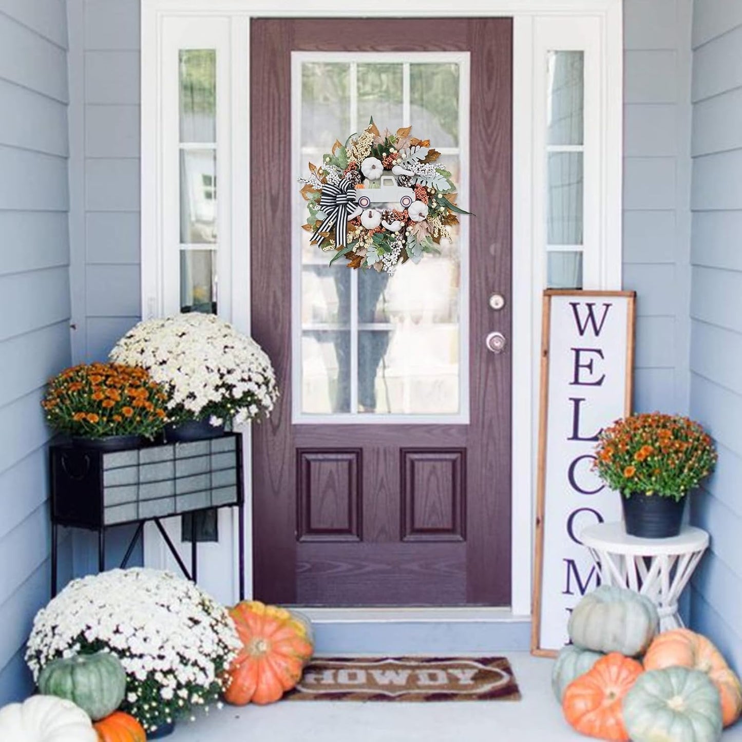 Fall Wreath for Front Door,20 inch White Pumpkin Door Wreath with Truck and Bow, Harvest Porch Decor, Fall Decoration Indoor Outdoor,
