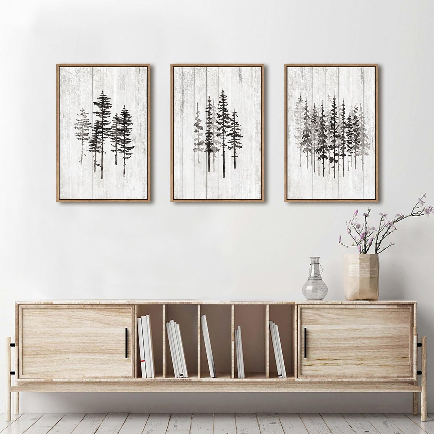 HPINUB Woodcut Style Pine Tree Framed Canvas Wall Art Set, Minimalist Modern Black and White Forest Wall Decor, Rustic Minimalist Canvas Painting for Living Room,Bedroom,Office Decor-16 x24 x3