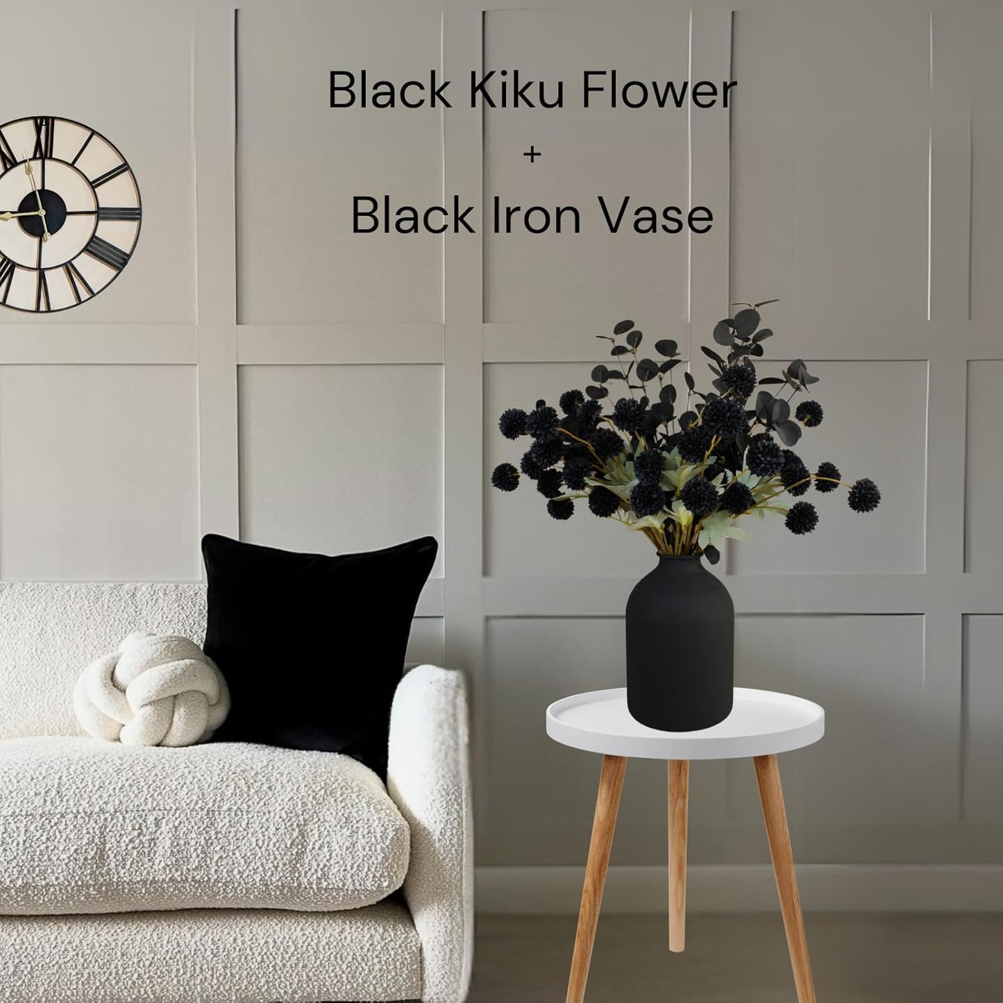 RyddeligHome Black Artificial Flowers for Centerpieces Bulk 10 Long Stems /50 Small Faux Silk Mum Balls + Black Eucalyptus Stems 2 Branches, Fall Boho Halloween Home Decor Indoor, Gothic Flowers