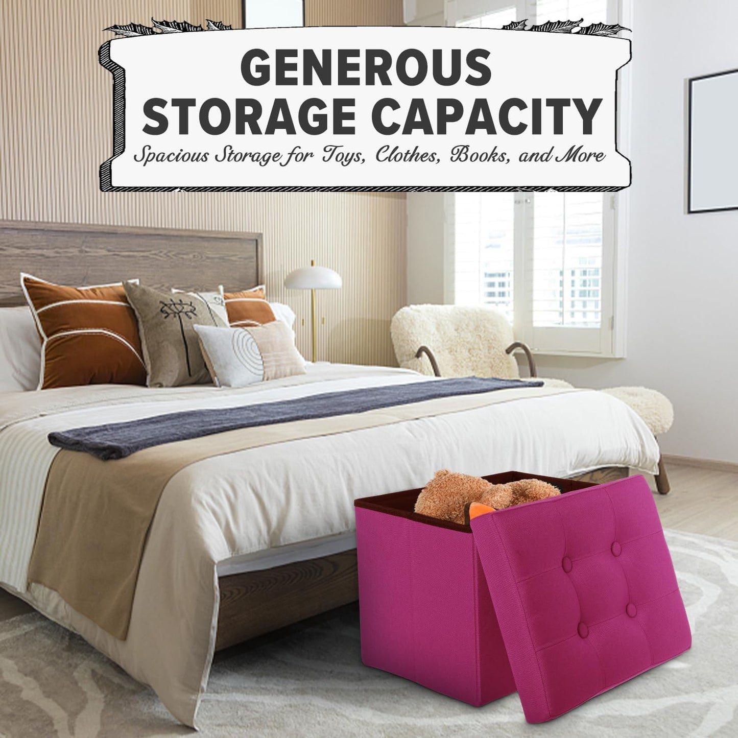 LINMAGCO Storage Ottoman Folding Foot Stool Foot Rest with Side Pocket Modern Ottoman with Storage Short Sofa Stool Linen Cloth 17x13x13(ROSEO)