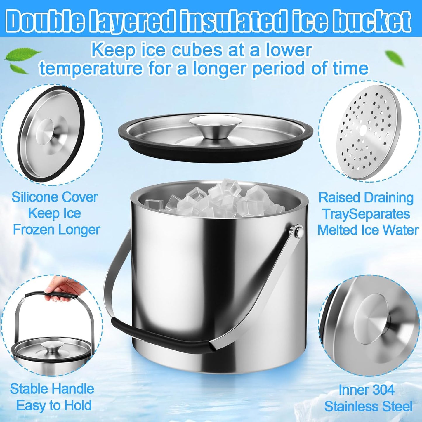 meekoo 4 L Double Wall Insulated Stainless Steel Ice Bucket with Lid, Scoop, Strainer, Handle Large Wine Ice Bucket Upgraded Cover Keep Frozen Longer for Cocktail Bar Parties(Silver)