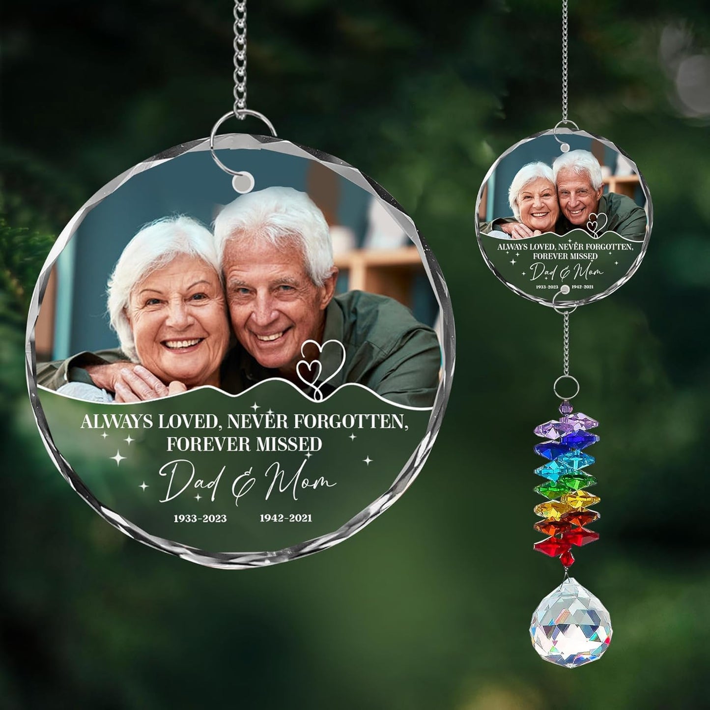 Personalized Memorial Ornament for Dad & Mom – Custom Photo Suncatcher with Names & Dates – Always Loved Never Forgotten – Loss of Parents Christmas Ornament – Remembrance Gift for Family