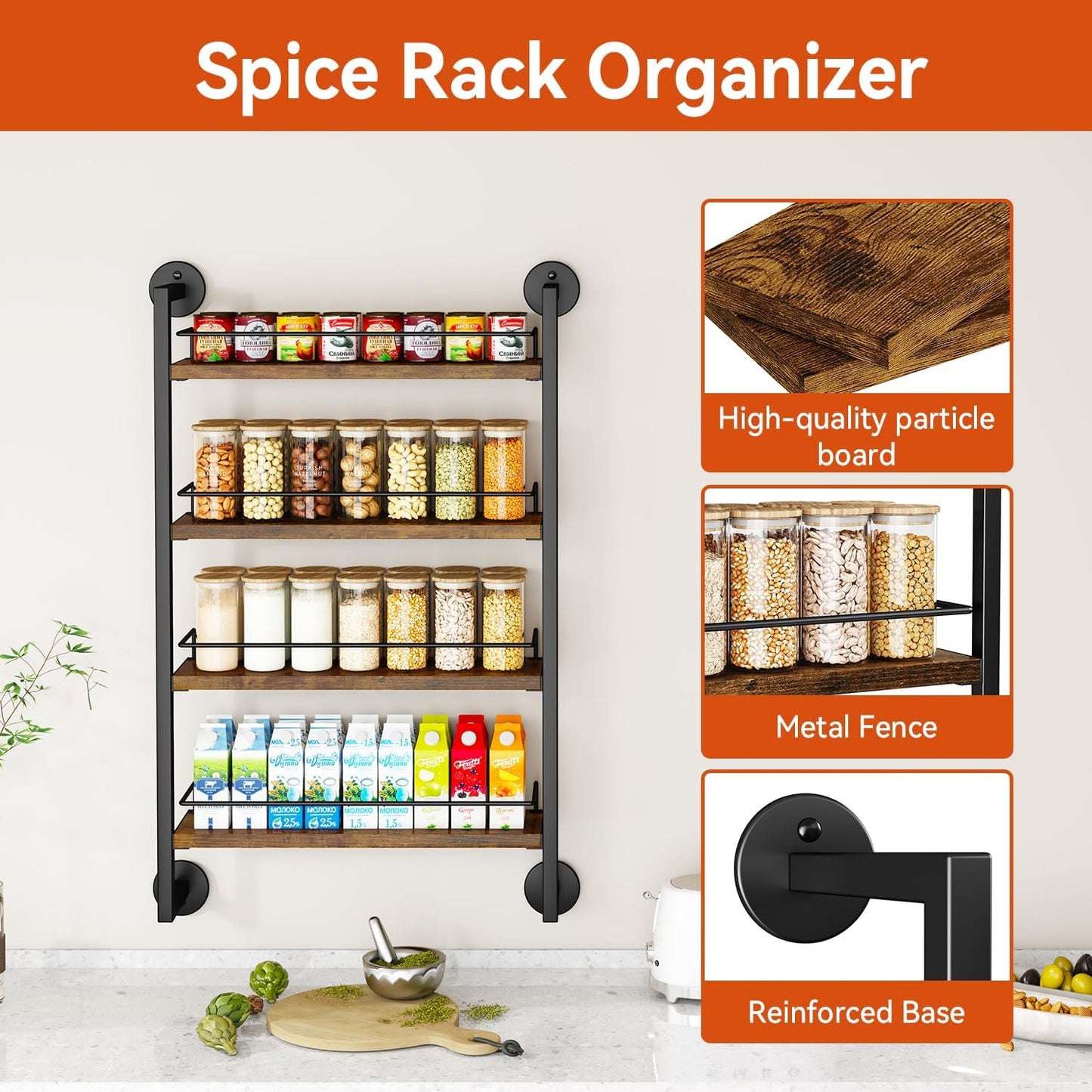 IBUYKE Spice Rack Wall Mount,4 Tier Hanging Seasoning Organizer,Large Spice Rack for Wall for up to 50 Jars,Spice Organization for Kitchen Cabinet,Bathroom,Pantry,Living Room,Brown TLJ016H