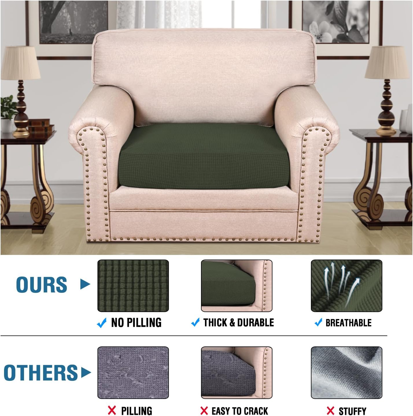 H.VERSAILTEX Super Stretch Individual Seat Cushion Covers Sofa Covers Couch Cushion Covers Slipcover Sets Thick Jacquard Textured Twill Fabric (1 Piece Chair Cushion Cover, Olive)