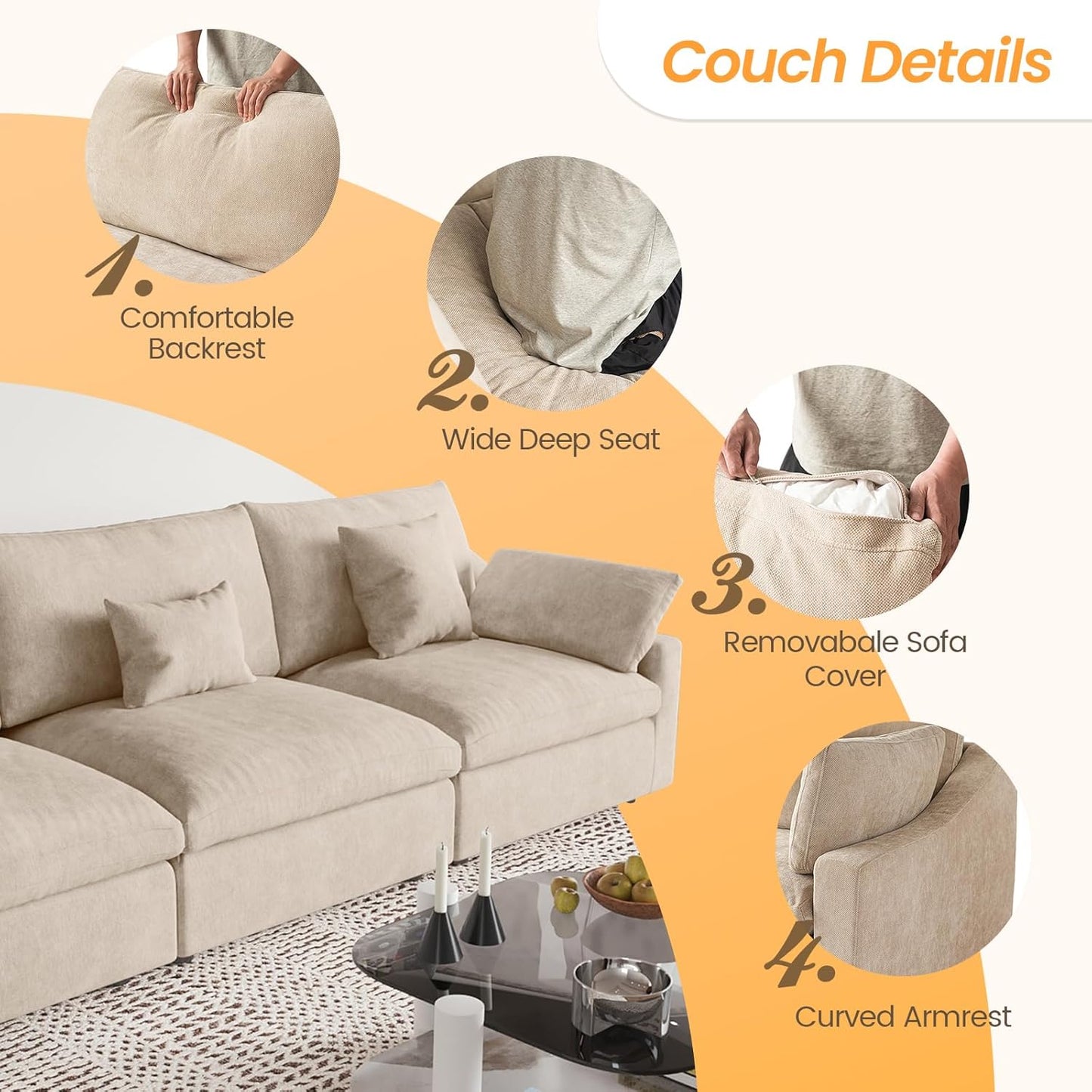 JACH Sectional Couches for Living Room, 3 Seater Cloud Sectional Couch with Deep Seat, Down Filled Modular Sofa, Covers Removeable & Washable, Sofas Furniture for Living Room, Khaki