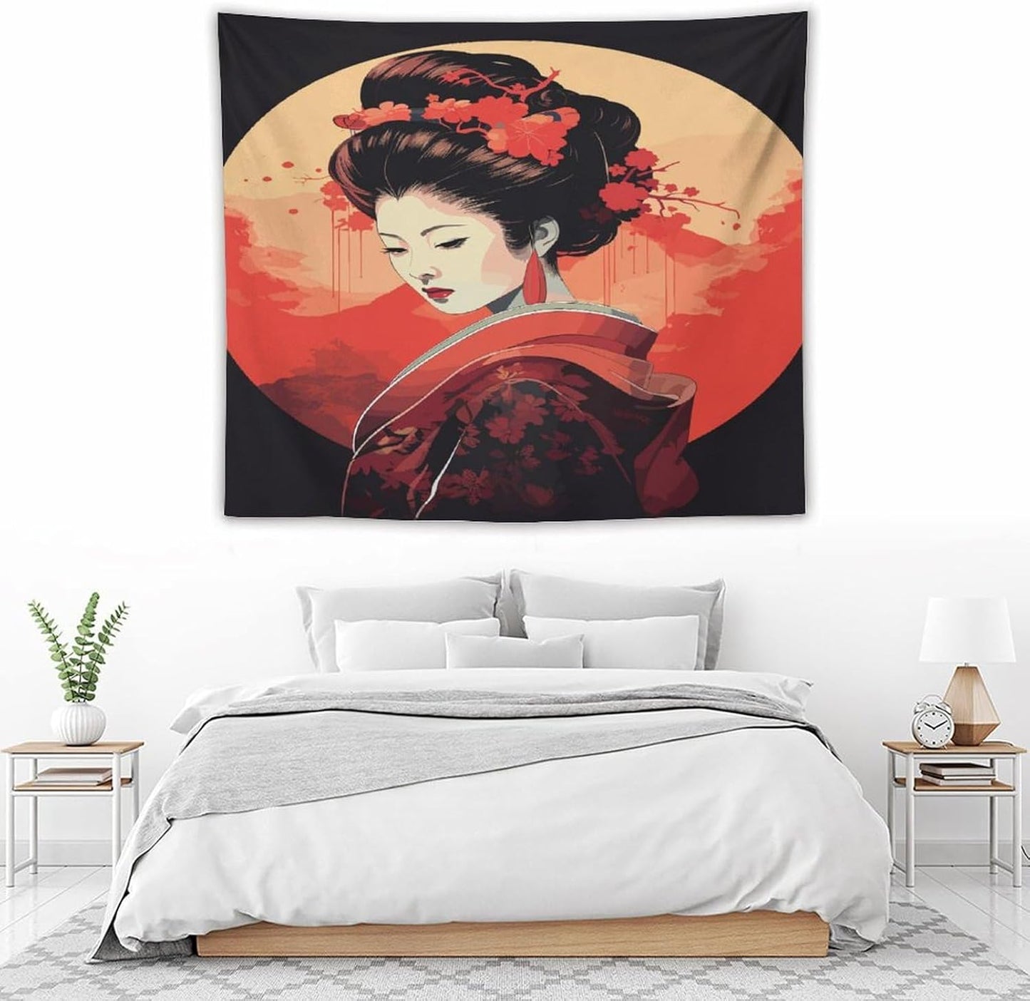 Japanese Woman Geisha Tapestry Asian Cherry Blossom Red Sun Traditional Kimono Folk Tapestries Home Decor for Living Room Bedroom Apartment Farmhouse Dorm 60"x50"