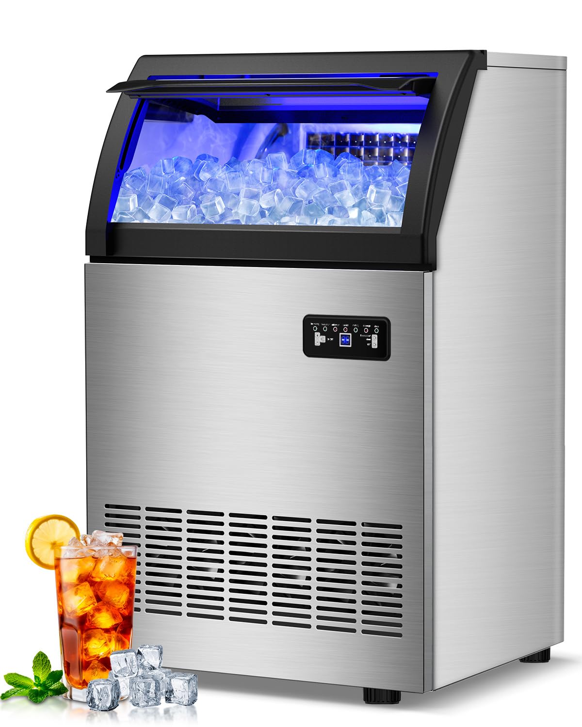 220LBS Commercial Ice Maker Machine - 72PCS Ice Cubes per Round, Undercounter/Freestanding Ice Machine, 55LBS Ice Storage Capacity for Home Bar and Outdoor, Stainless Steel Self-Cleaning