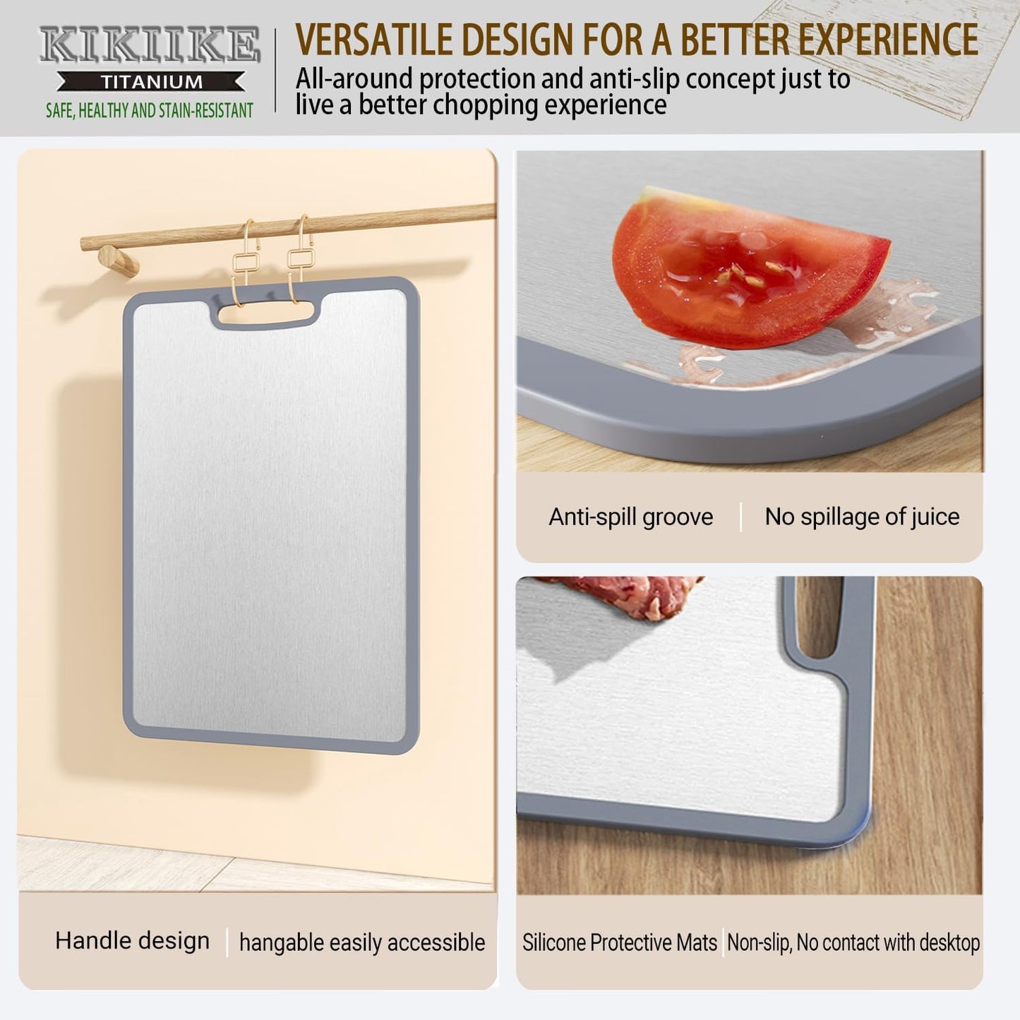 Titanium Cutting Board Double-sided non-slip silicone edging Pure Titanium Cutting Boards for Kitchen - Double-Sided Food-Grade Chopping Board Non-Stick Durable and easy to clean (Large)